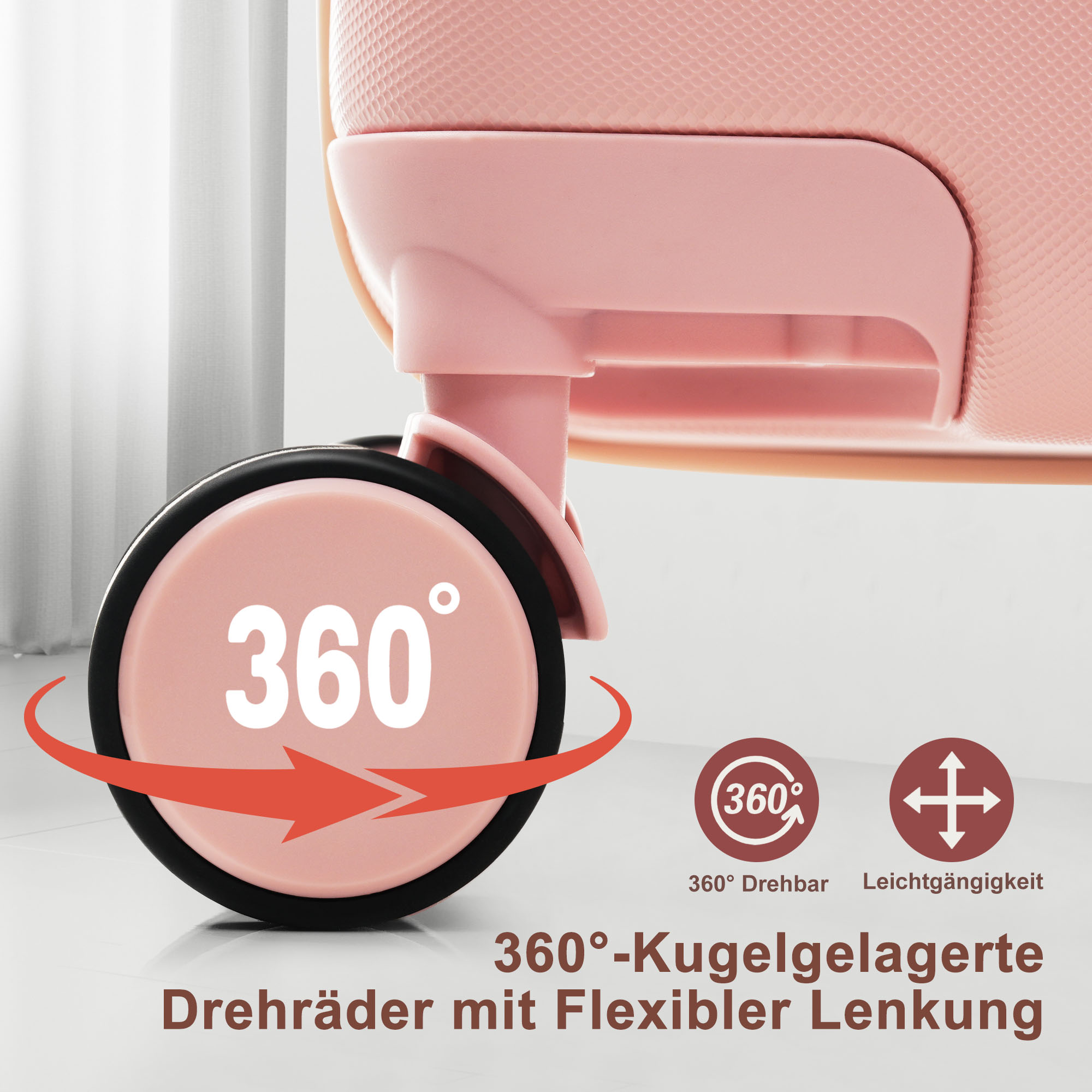 Nahaufnahme eines rosa Koffer-Rads mit 360°-Text. Es hat einen schwarzen Rand und einen Pfeil. Text unten lautet 360° Kugelgelagerte Drehräder.