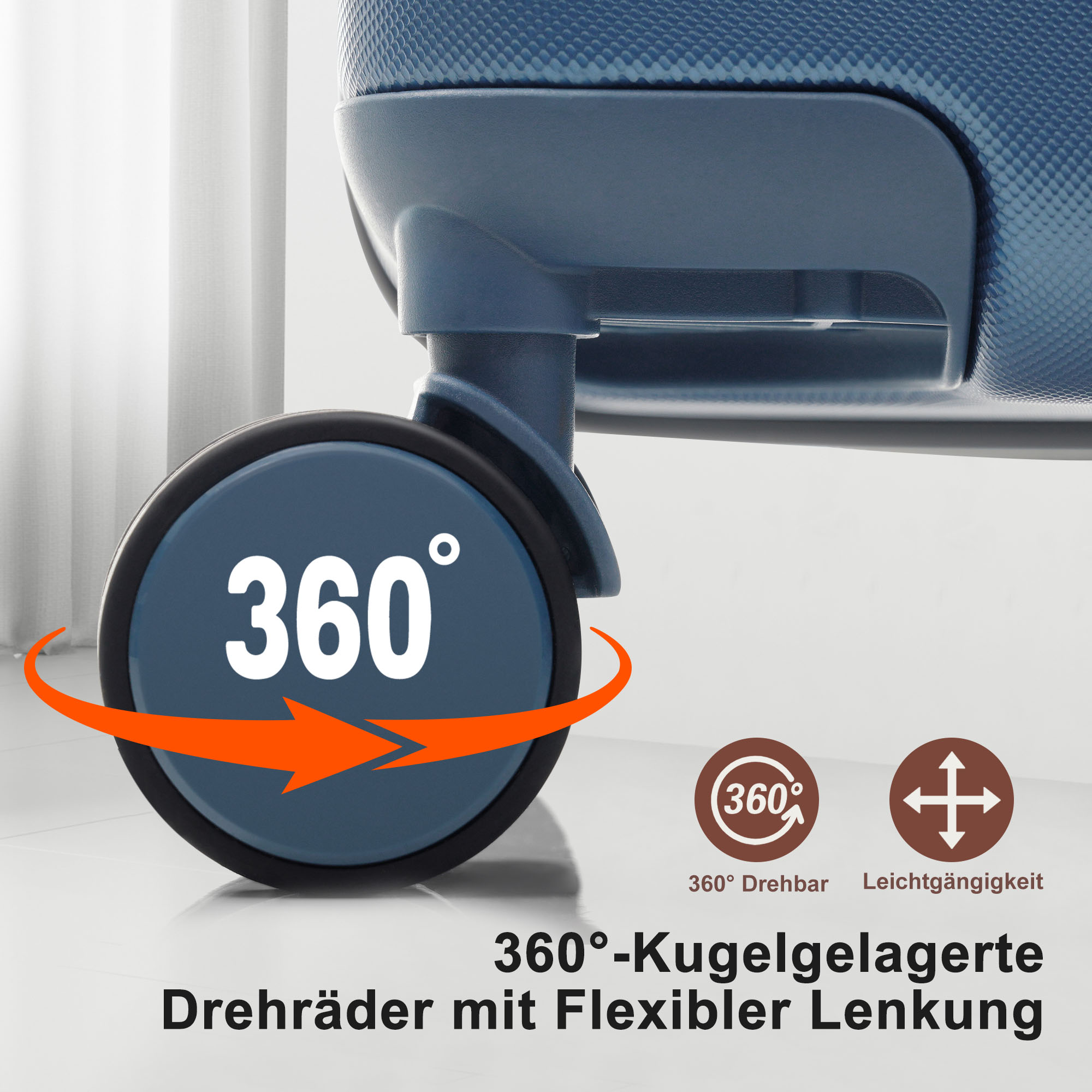 Nahaufnahme eines Gepäckrads, blau und schwarz, mit 360-Grad-Drehung. Text: 360° Kugelgelagerte Drehräder mit Flexibler Lenkung.