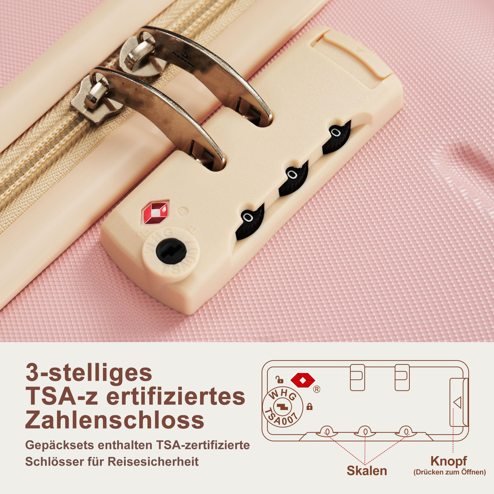 Nahaufnahme eines rosa Koffers. Es hat drei Ziffern und einen Reißverschluss.