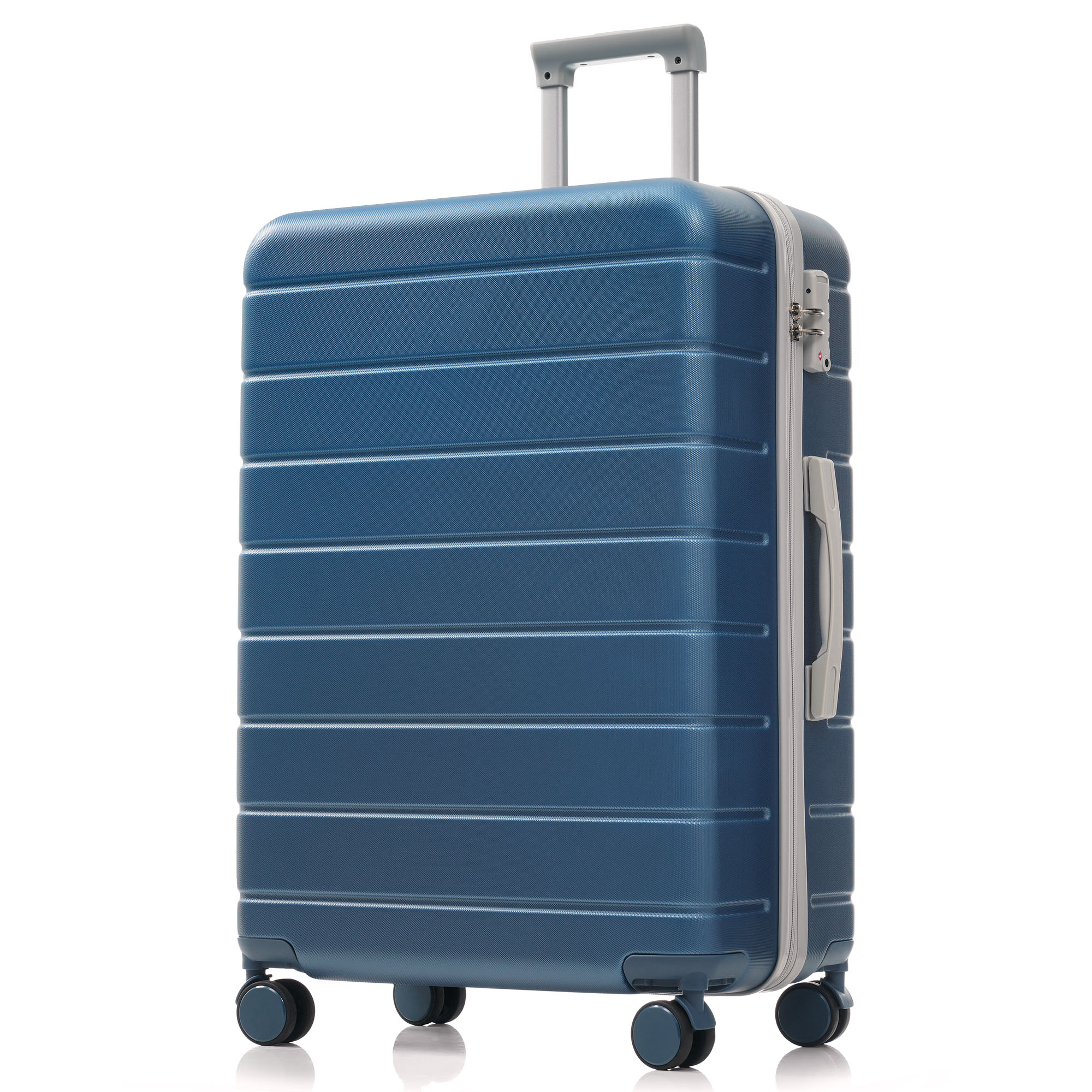 Ein blauer Rollkoffer steht aufrecht. Er hat einen Griff und Räder. Der Hintergrund ist weiß.