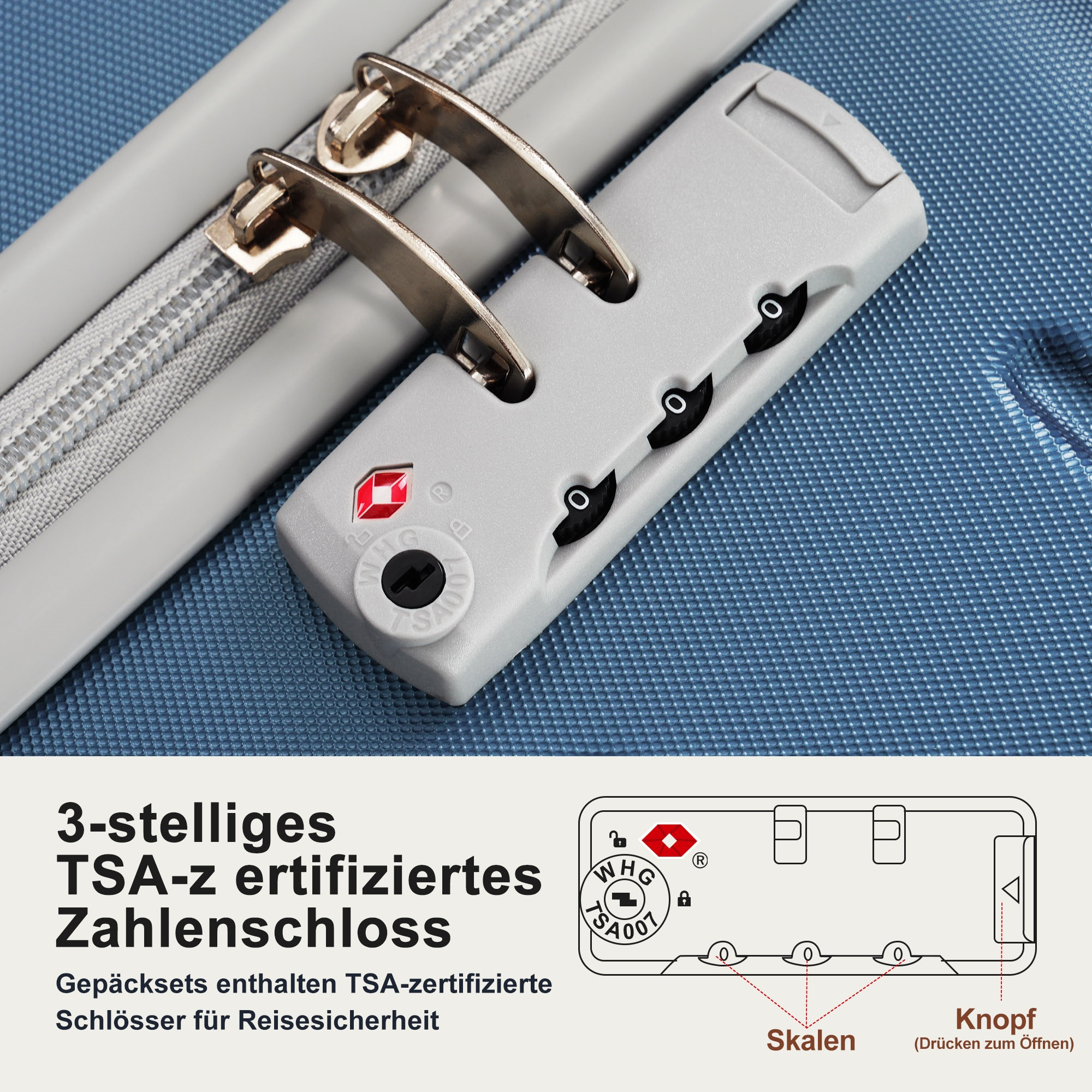 Nahaufnahme eines Gepäckschlosses mit Ziffern, einem Reißverschluss und einer blauen strukturierten Oberfläche.