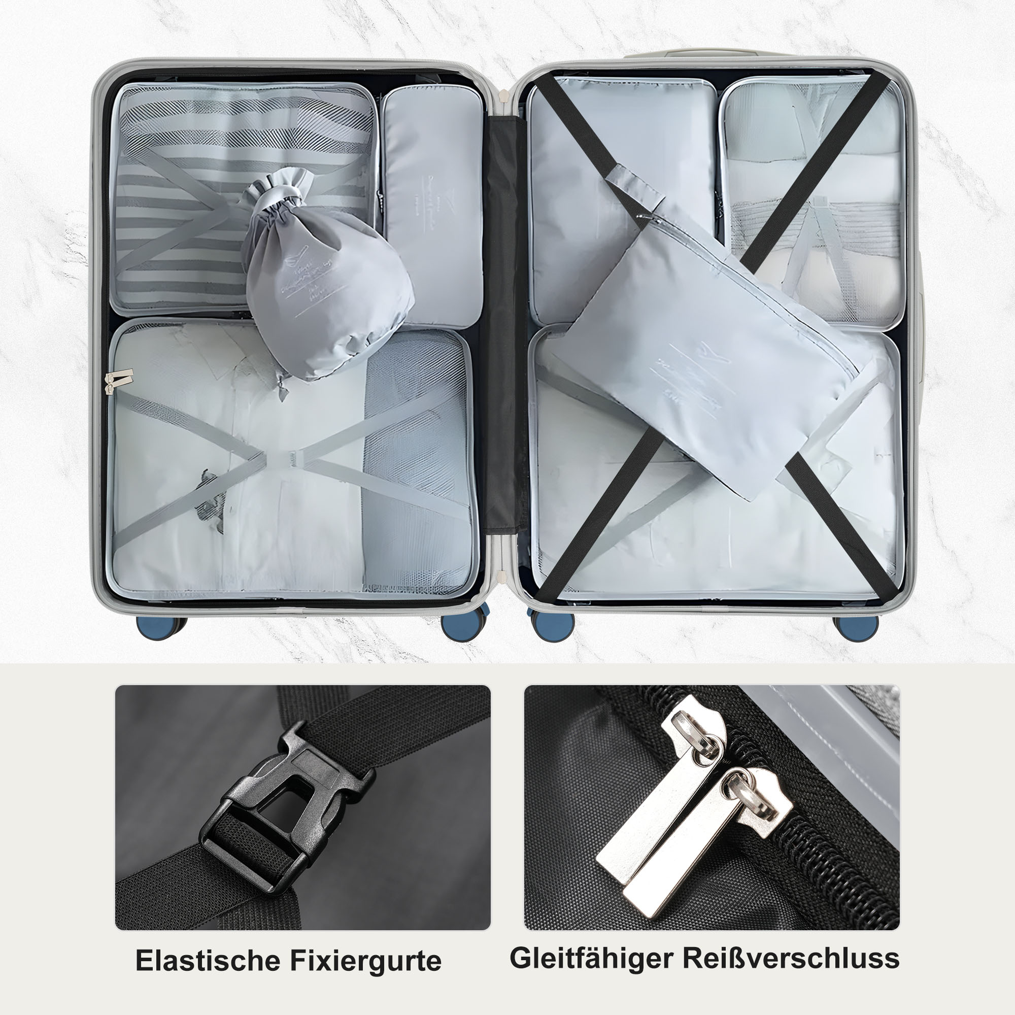 Offener Koffer mit Packwürfeln und Zubehör. Schwarze Gurte sichern den Inhalt. Reißverschlüsse und eine Schnalle werden im Detail gezeigt.