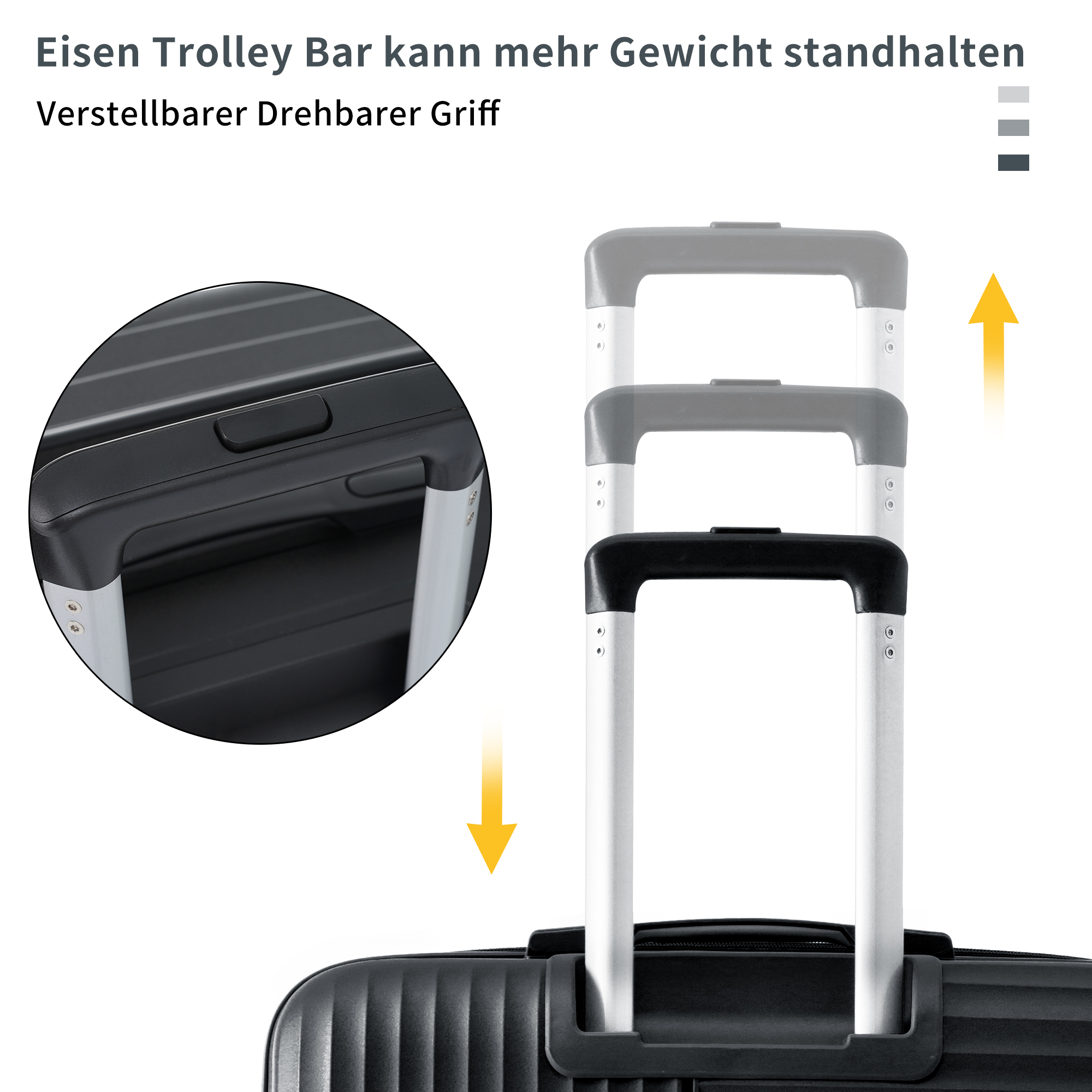 Ein schwarzer Koffer mit ausziehbarem Griff, der in drei Positionen gezeigt wird. Eine Nahaufnahme zeigt das Griffdetail.