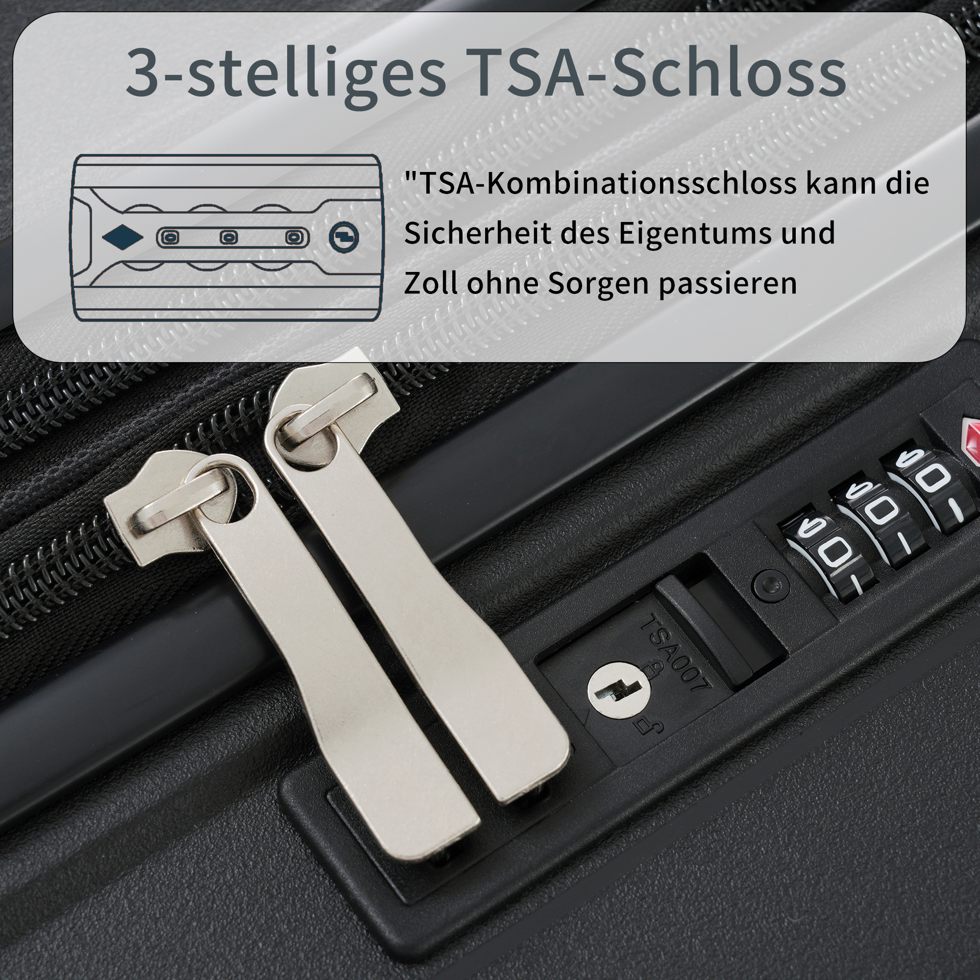 Nahaufnahme eines Koffersschlosses. Das Schloss hat eine Kombination und zwei silberne Reißverschlüsse. Das Bild zeigt auch deutschen Text.