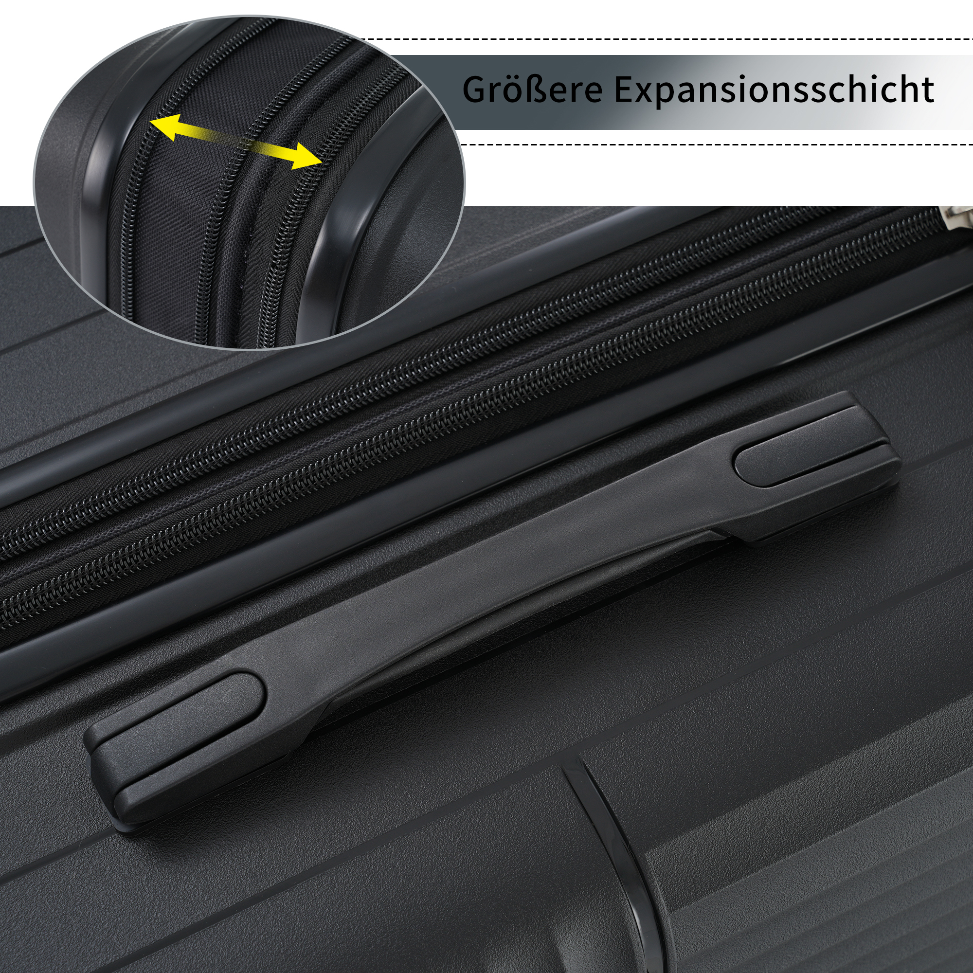 Nahaufnahme eines schwarzen Koffers mit Griff. Eine vergrößerte Ansicht zeigt eine Expansionsschicht. Text: 'Größere Expansionsschicht'.