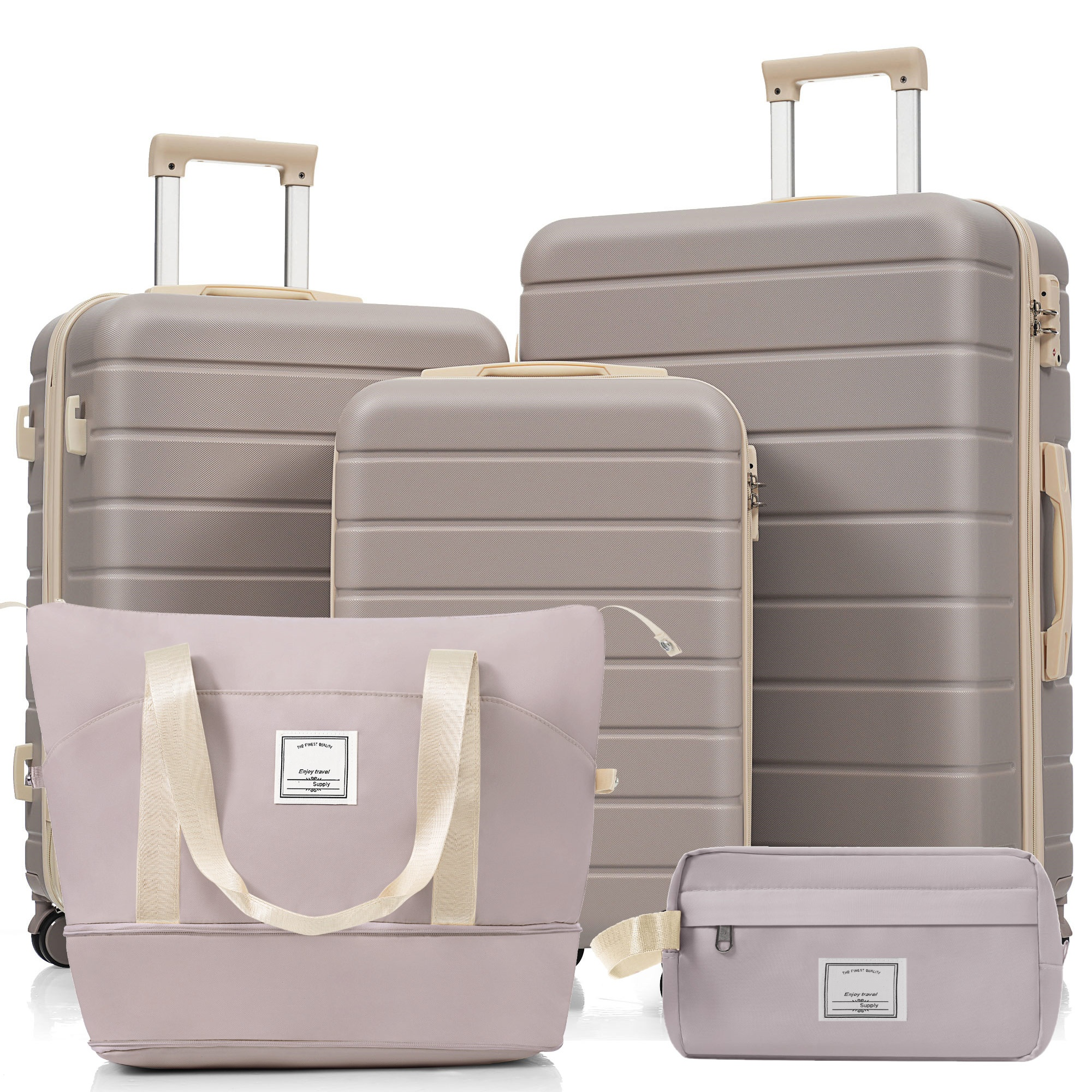 Reisegepäck-Set: drei graue Koffer und zwei Taschen, darunter eine Tragetasche und eine Kosmetiktasche, auf weißem Untergrund.