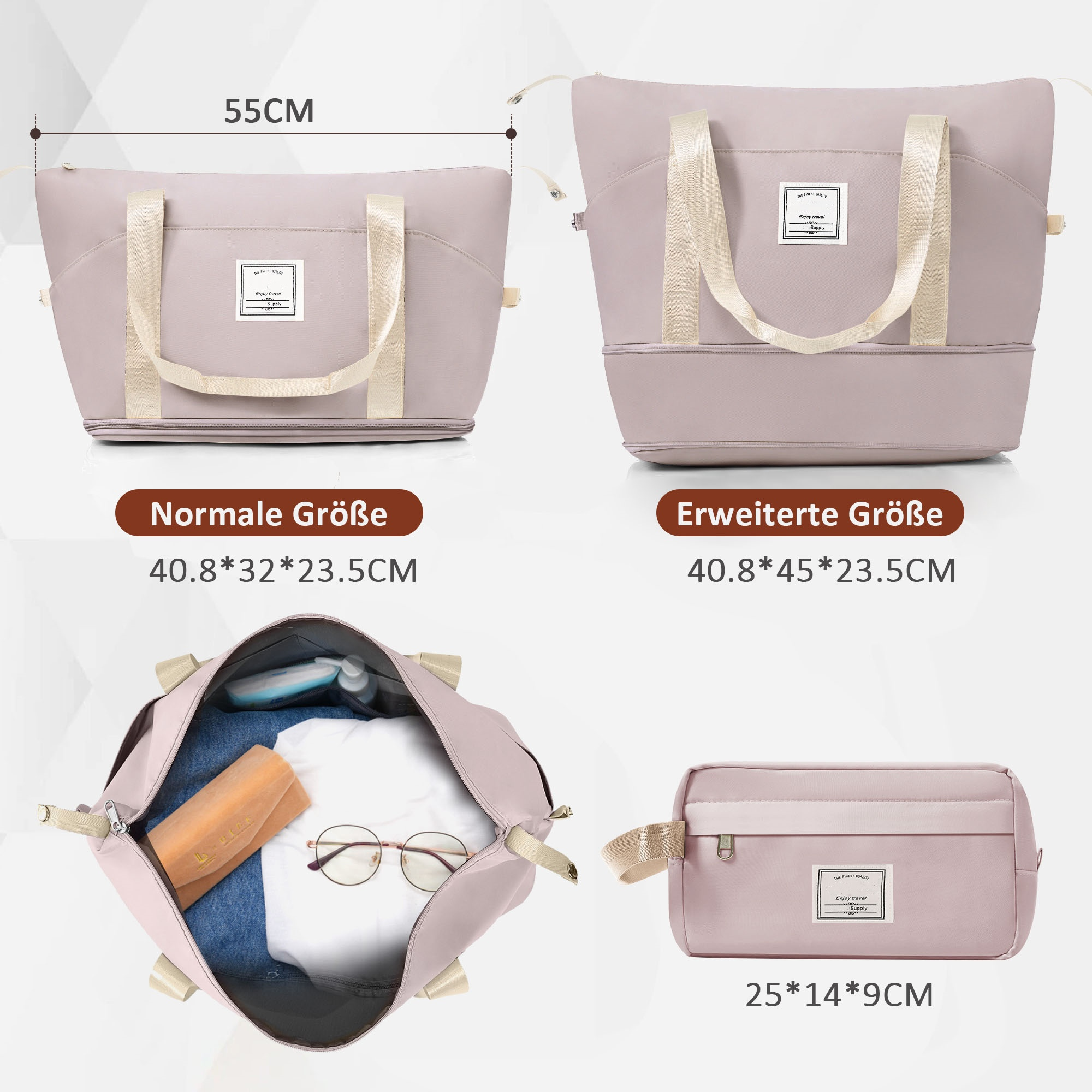 Vier Taschen in verschiedenen Größen und Formen mit Abmessungen. Die Taschen sind rosa mit beigen Griffen. Eine Tasche ist offen.
