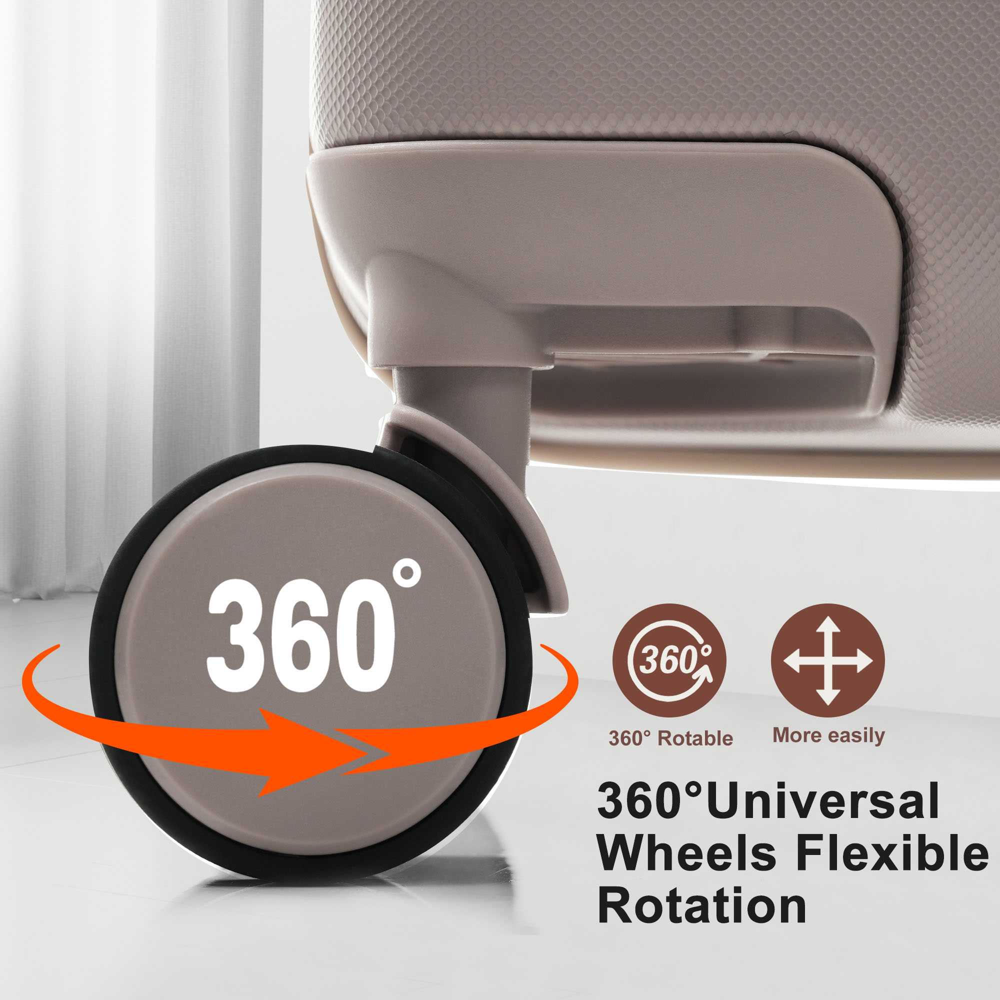 Ein Rollkoffer-Rad mit 360-Grad-Drehfunktion wird gezeigt. Ein orangefarbener Pfeil zeigt die Drehung an. Text sagt '360° Universal Wheels'.