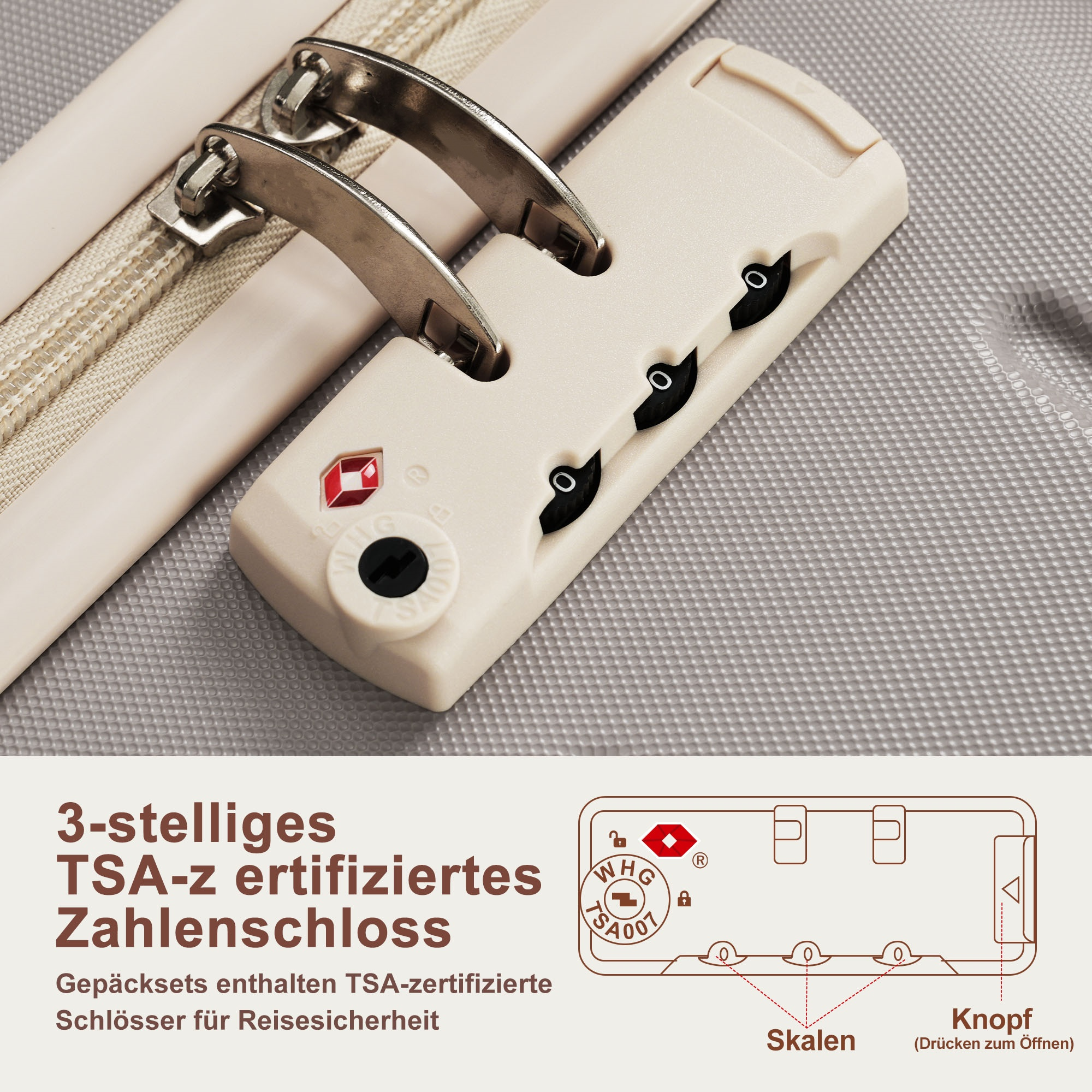 Nahaufnahme eines Koffers. Beiges Schloss mit drei Ziffern, Reißverschluss und Metallbeschlägen auf strukturiertem, grauem Untergrund.