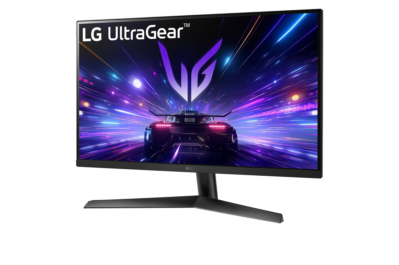 Il monitor LG UltraGear mostra un'auto che corre attraverso un tunnel di luce. Il monitor ha un supporto e una cornice neri, sfondo bianco.