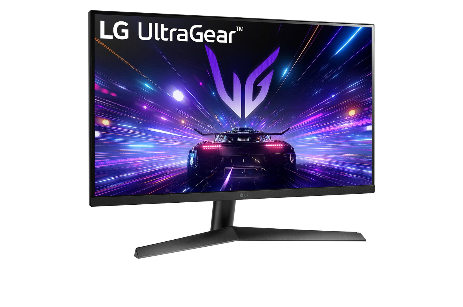 Monitor LG UltraGear. Mostra un'auto futuristica che sfreccia tra luci al neon. Supporto nero per lo schermo.