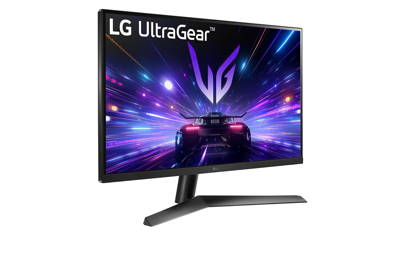 Il monitor LG UltraGear mostra un'auto che corre attraverso luci al neon. Il monitor è su un supporto nero su sfondo bianco.