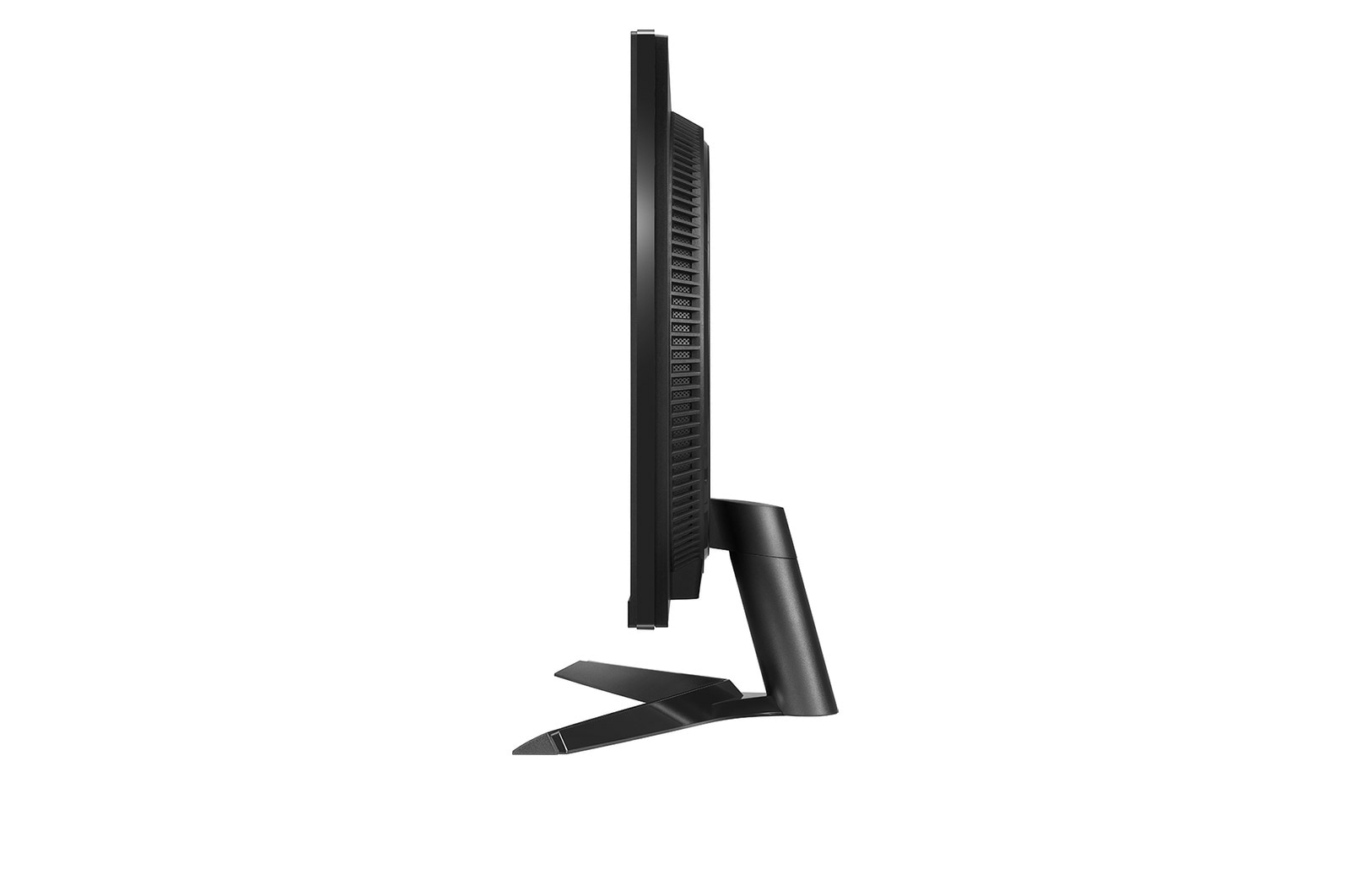 Un monitor del computer nero visto di lato, con un supporto. Lo schermo è sottile e il supporto ha una forma a V.