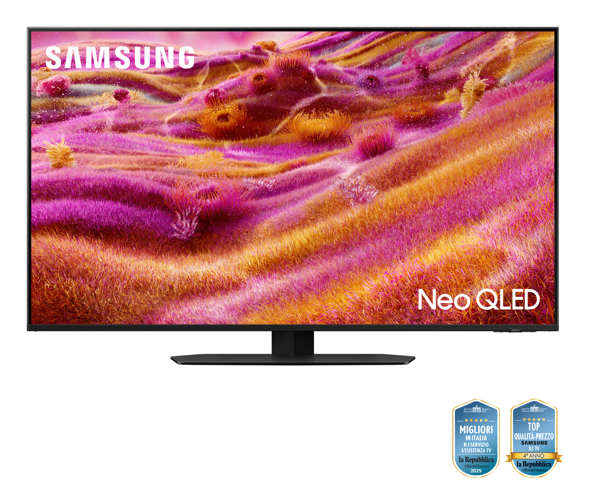 Un téléviseur Samsung Neo QLED affiche une image abstraite colorée. Des récompenses sont en bas. Le téléviseur est sur un pied noir.