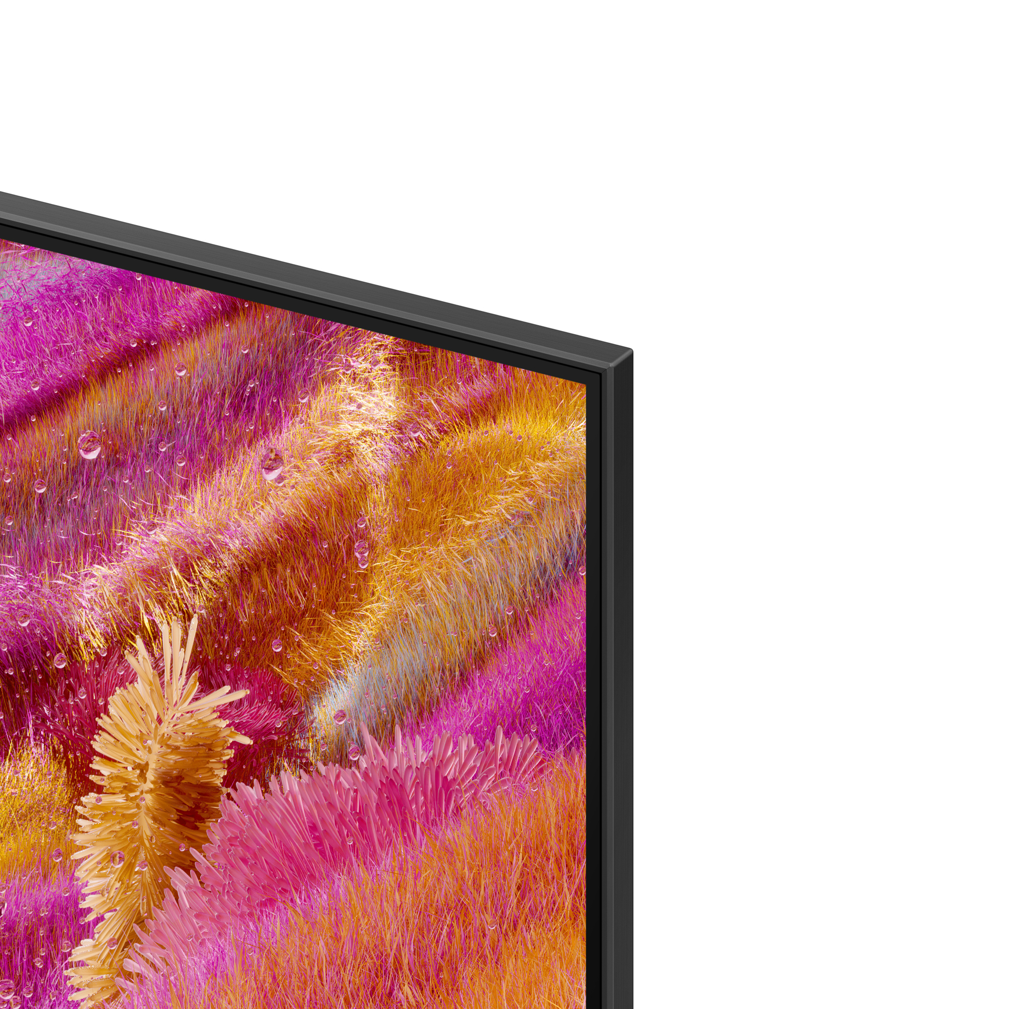 Gros plan sur un écran de télévision avec un design abstrait coloré. Des gouttelettes d'eau sont visibles. Le cadre du téléviseur est noir, avec un fond blanc.