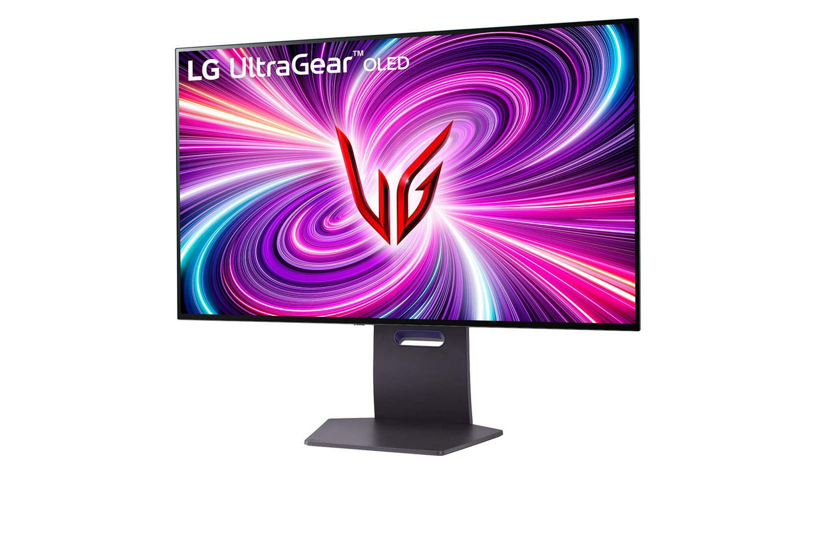 LG UltraGear OLED-Monitor. Das Display zeigt ein wirbelndes Design aus rosa, lila und blauem Licht. Rotes 'LG'-Logo in der Mitte. Schwarzer Ständer.