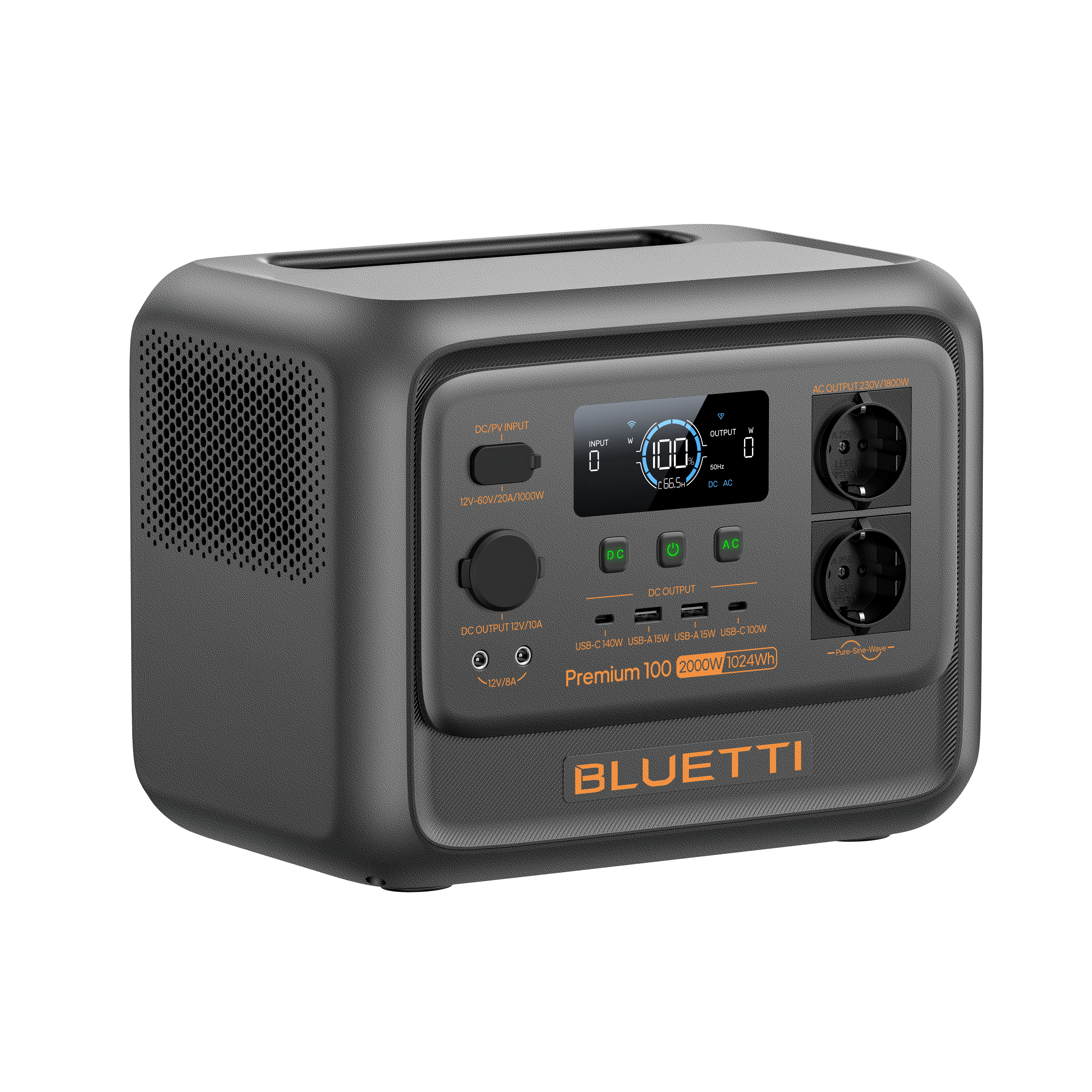 Czarno-szara stacja zasilania Bluetti Premium 100. Posiada wyświetlacz, gniazda i różne porty wejścia/wyjścia.