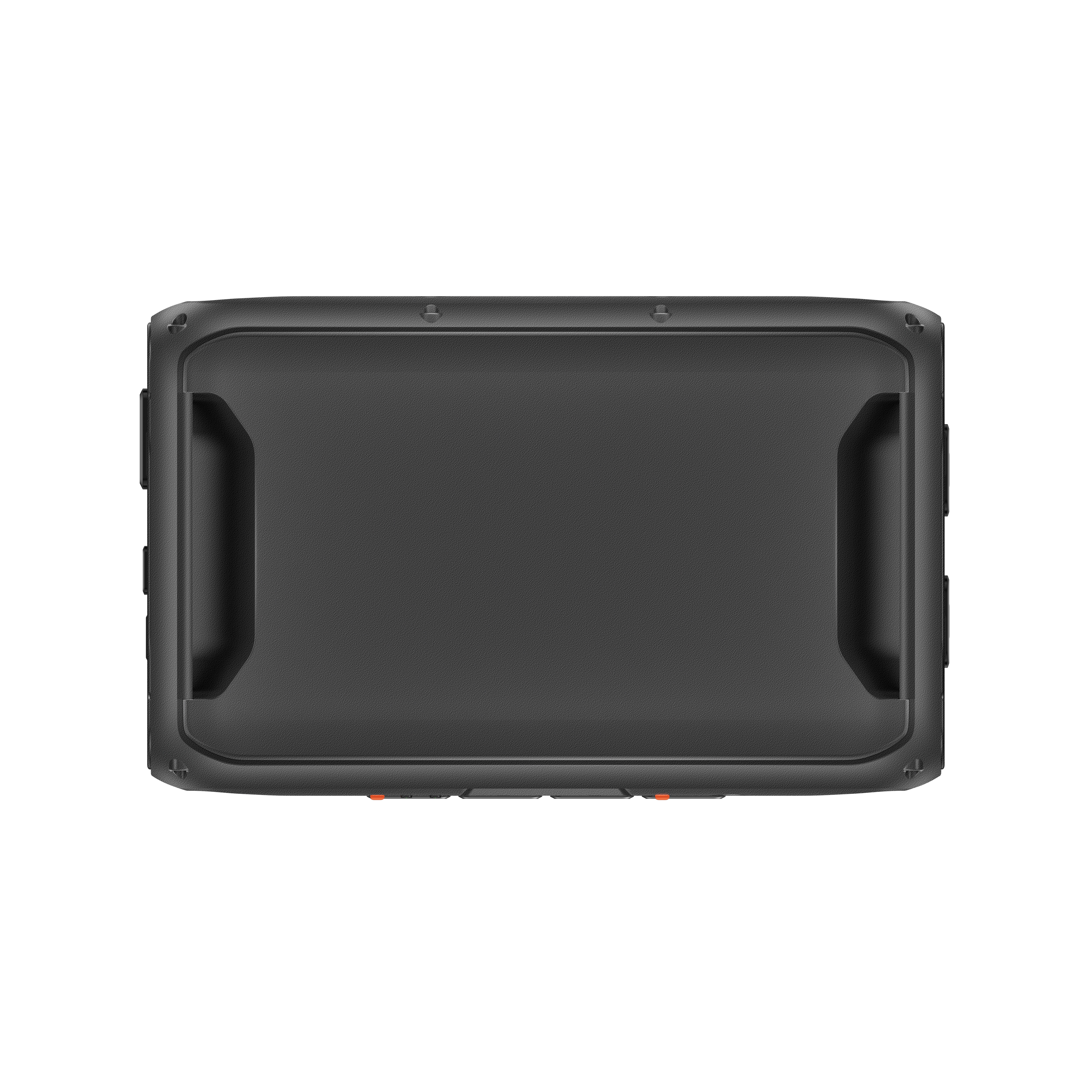 Prostokątne, czarne urządzenie z uchwytami. Ma teksturowaną powierzchnię i pomarańczowe przyciski na dole. Tło jest białe.