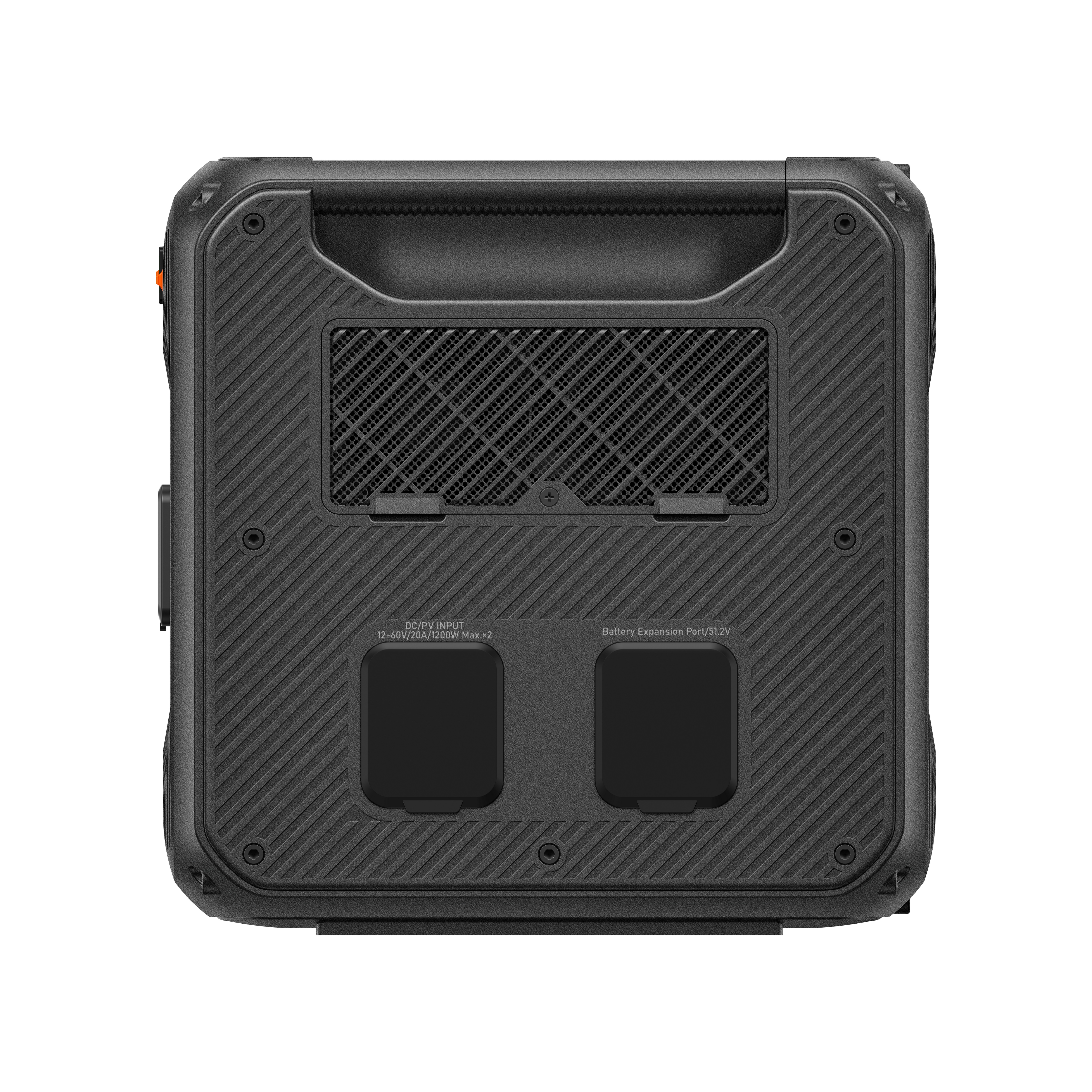 Czarna elektrownia z uchwytem, otworami wentylacyjnymi, dwoma portami wejściowymi i tekstem wskazującym napięcie i funkcje portów.