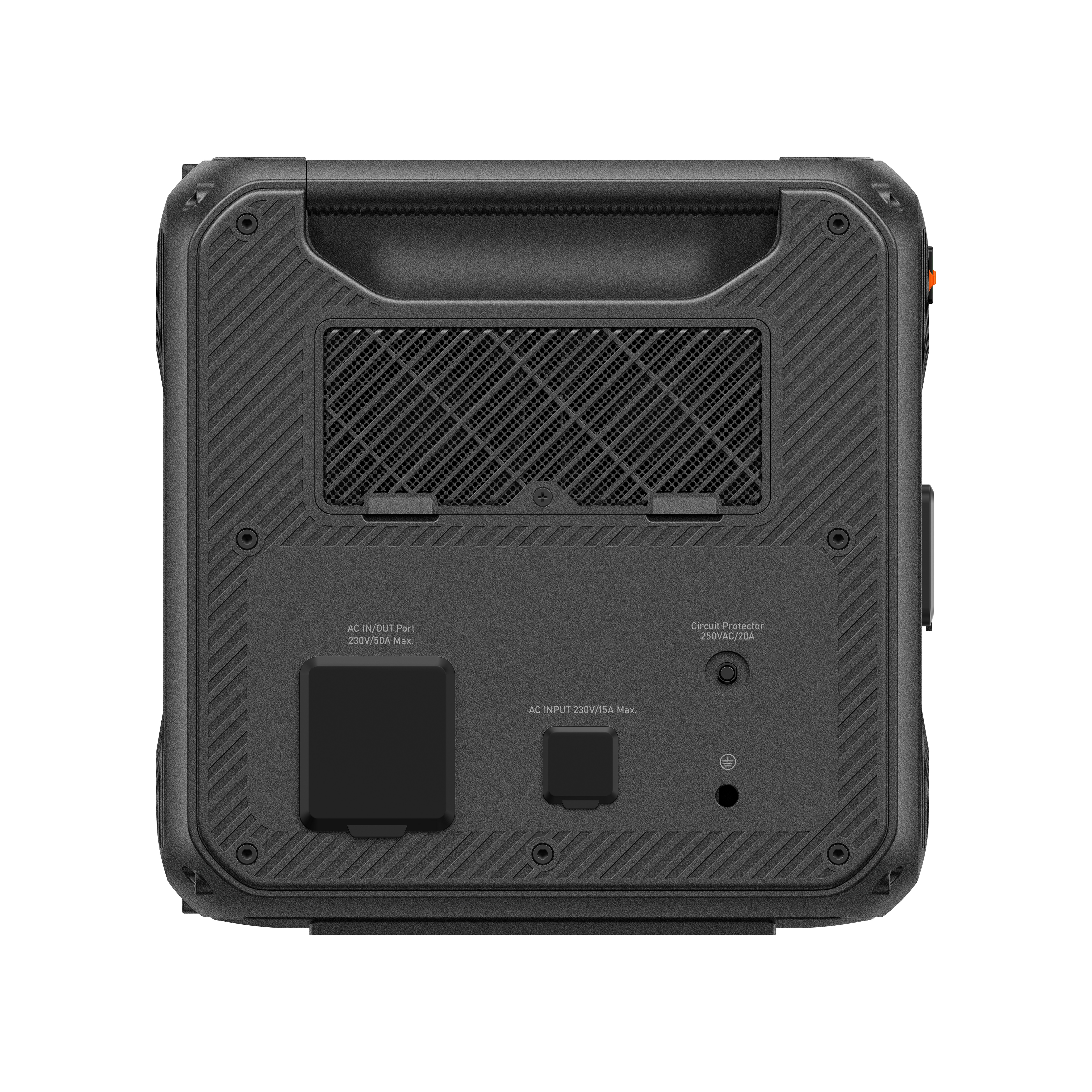 Czarna elektrownia z uchwytem. Posiada porty wejścia i wyjścia AC. Tekst na tylnym panelu pokazuje specyfikacje.