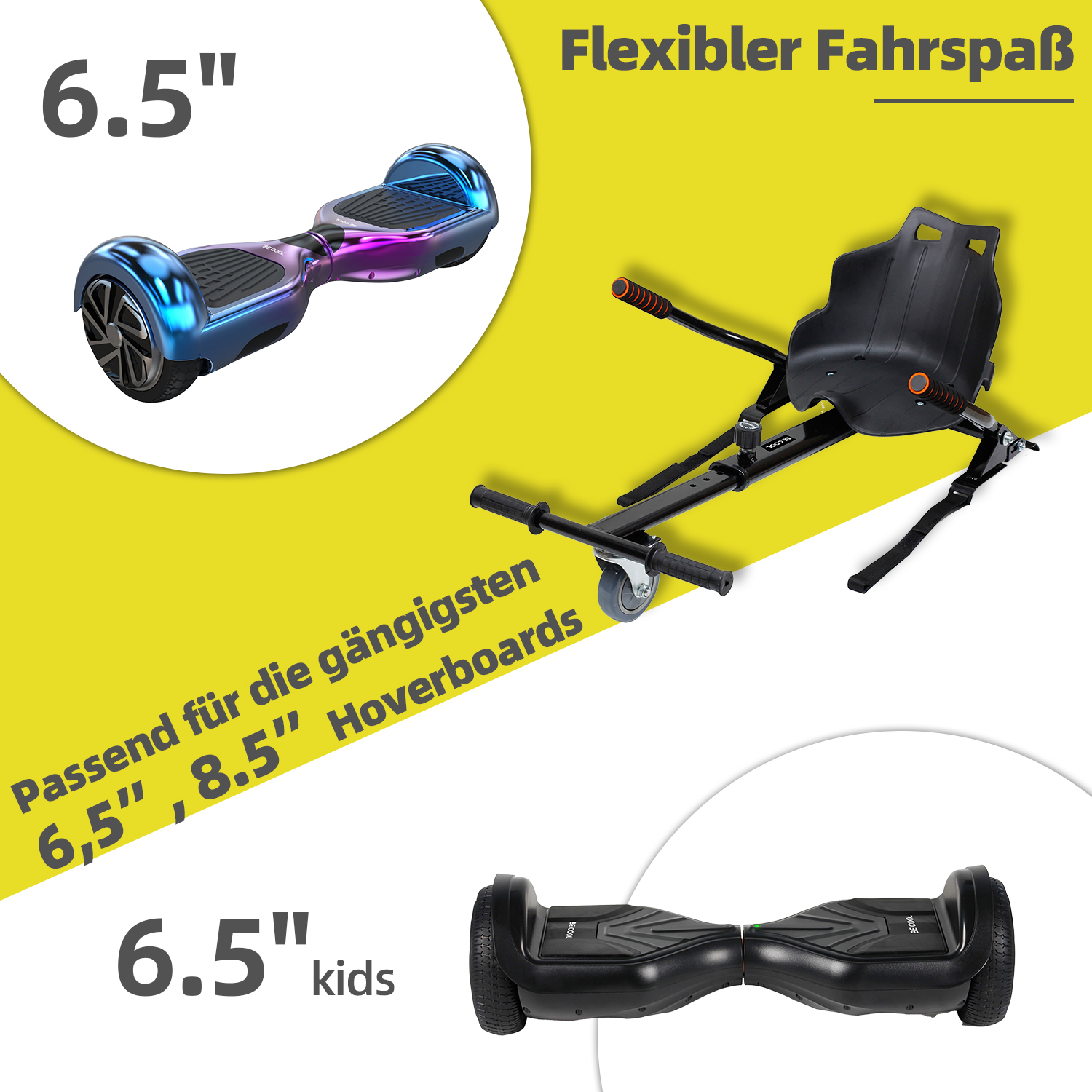 Das Bild zeigt Hoverboards, einen Sitzaufsatz und Text, der die Kompatibilität mit verschiedenen Boardgrößen anzeigt und flexibles Fahren bewirbt.