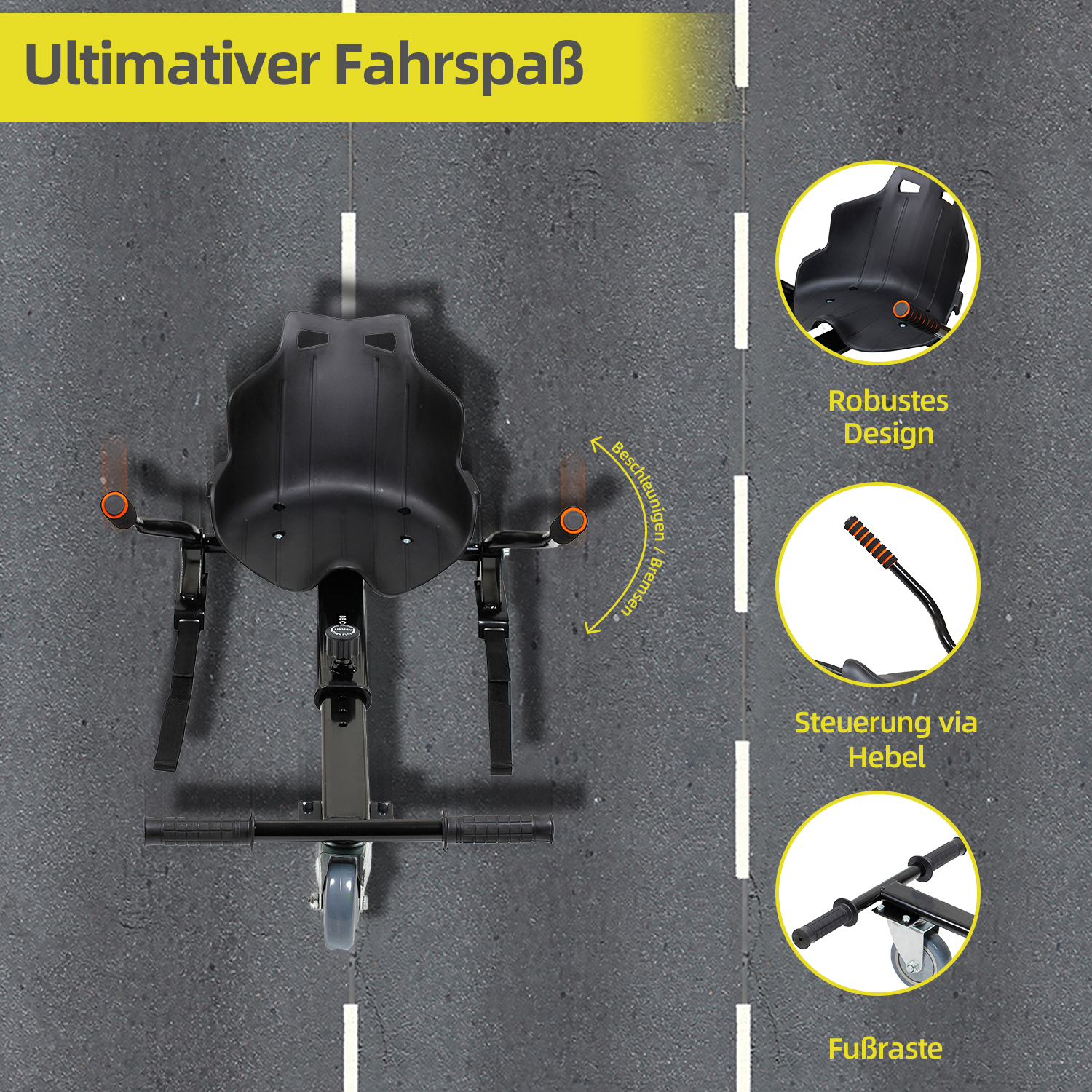 Draufsicht auf einen schwarzen Go-Kart auf einer grauen Straße. Zu den Merkmalen gehören ein schwarzer Sitz, Lenker und orangefarbene Akzente.