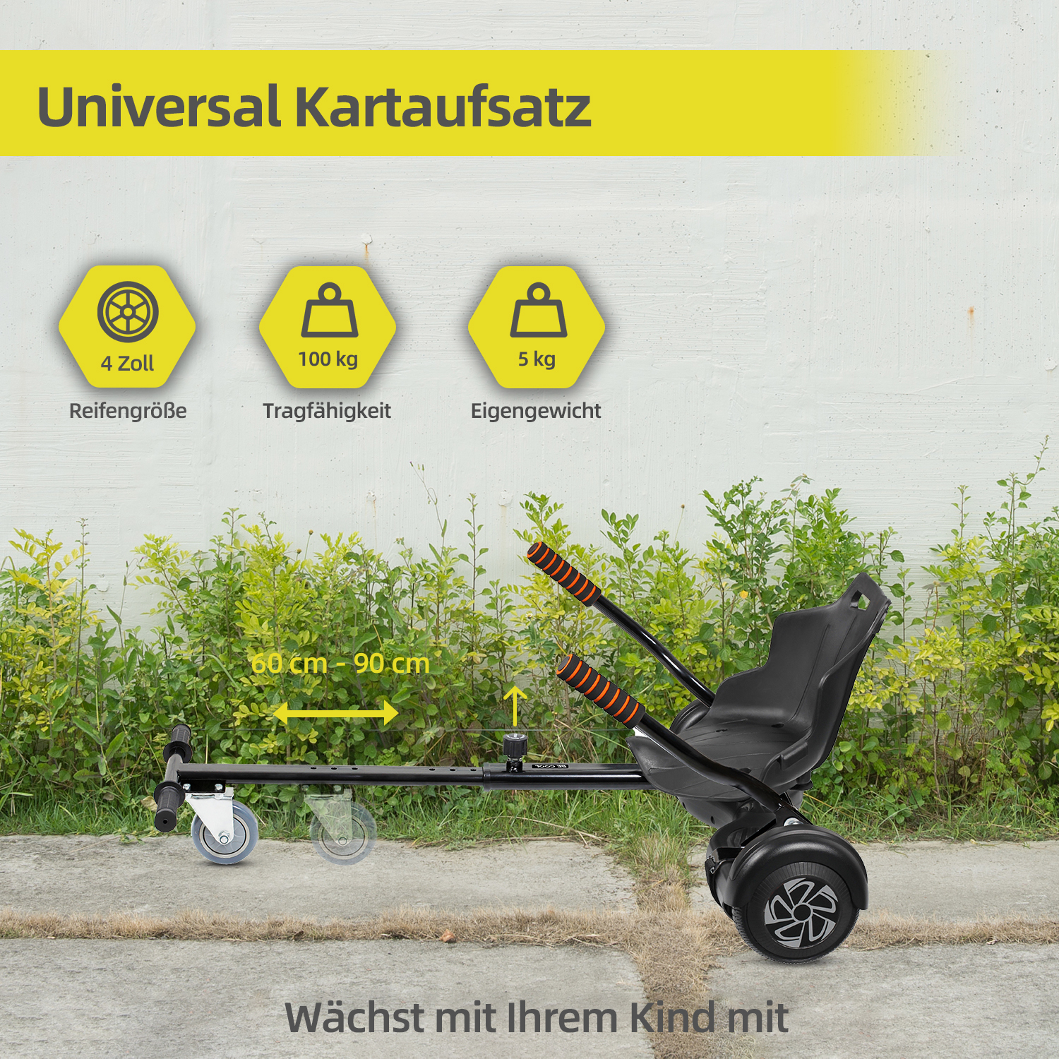 Ein schwarzer Kartaufsatz mit Sitz und Rädern wird auf einer Betonoberfläche gezeigt, Text oben zeigt Spezifikationen und Funktionen.