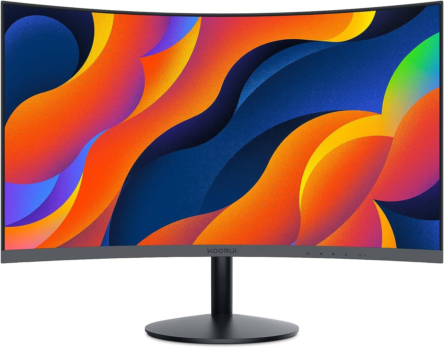 Monitor curvo con arte astratta con forme fluide arancioni, gialle e blu. Il monitor è nero e ha un supporto.