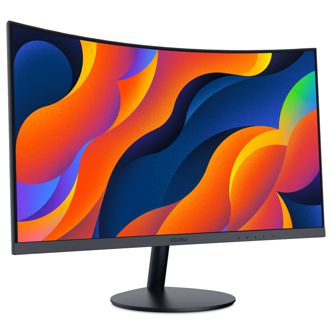 Monitor curvo per computer che mostra un motivo astratto di forme arancioni, gialle e blu. Ha un supporto e una cornice neri.