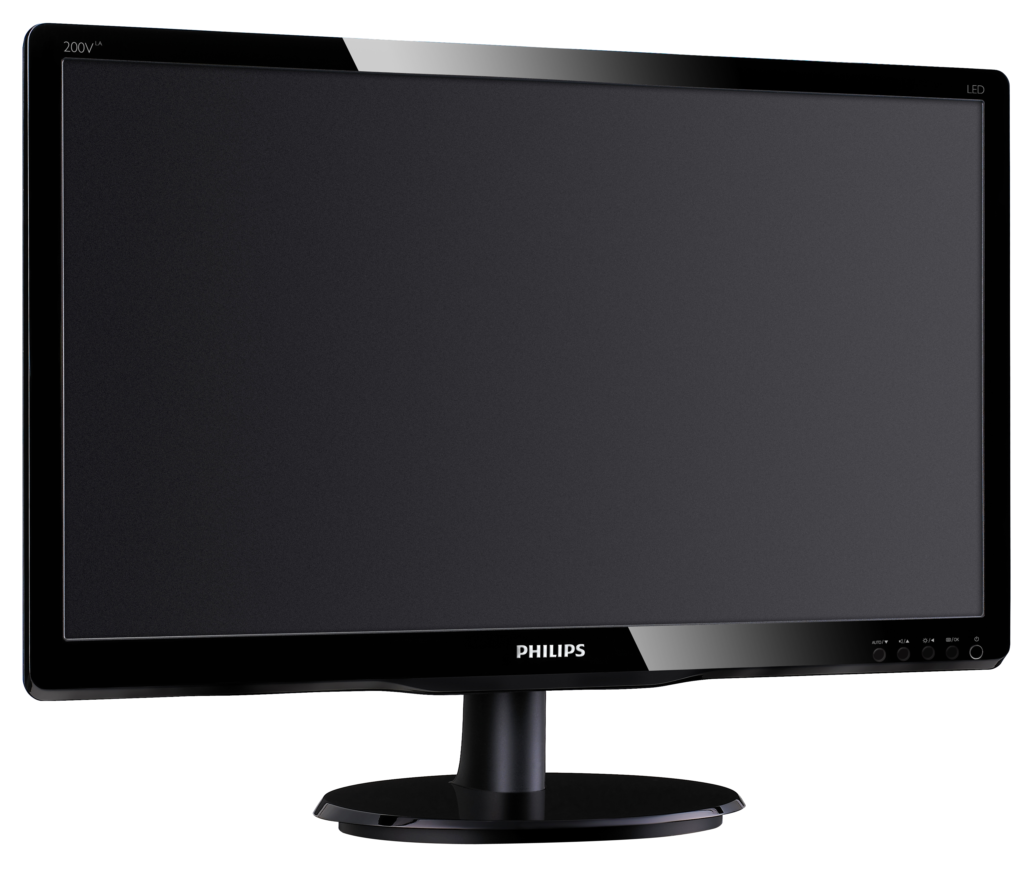 Un monitor LED Philips nero. Ha una cornice e un supporto neri. Lo schermo è nero. La parola Philips è visibile.