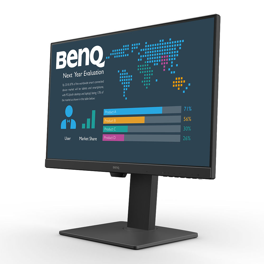 Un monitor BenQ muestra un gráfico de cuota de mercado. El producto A tiene un 71%, el B un 56%, el C un 30% y el D un 26%.