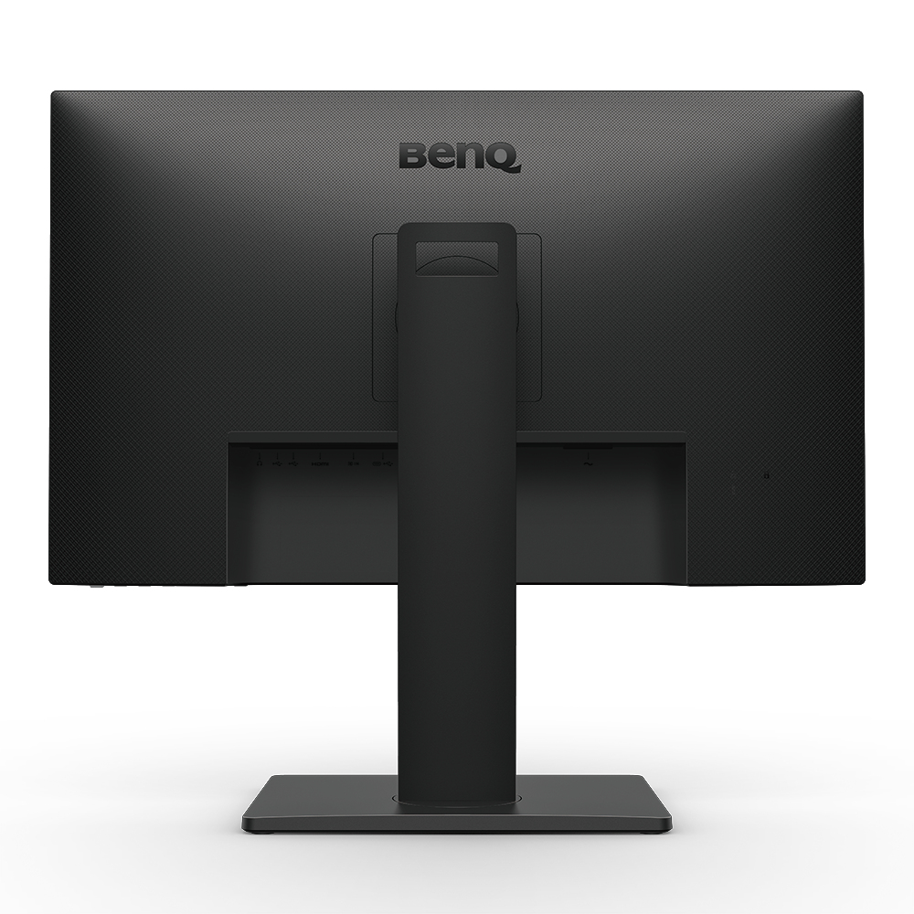 Parte trasera de un monitor BenQ negro. Tiene un soporte y puertos. El logotipo de BenQ es visible en la parte superior.