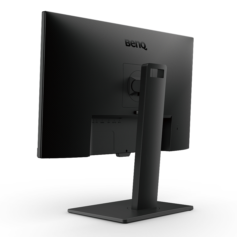 Vista trasera de un monitor BenQ negro sobre fondo blanco. El monitor tiene un soporte y puertos visibles.