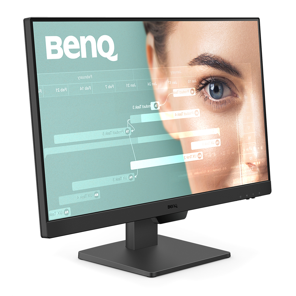 Ein schwarzer BenQ-Monitor zeigt eine Grafik mit einem überlagerten Frauenauge an. Der Monitor steht auf einem schwarzen Ständer vor weißem Hintergrund.