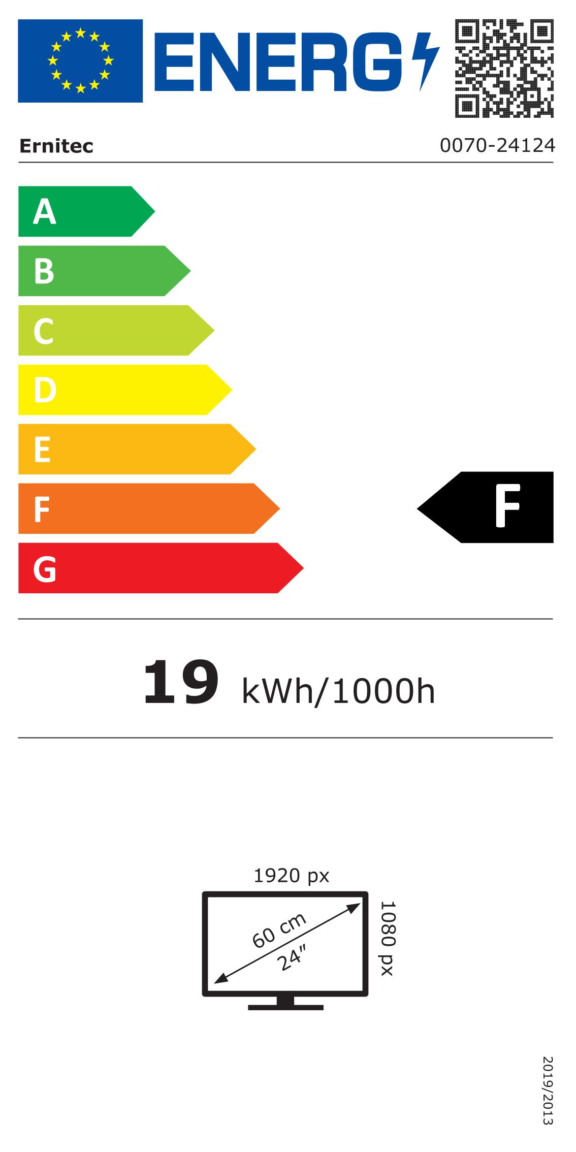 Energy label for a TV. Displays an energy efficiency rating of F, along with other technical specifications and dimensions.