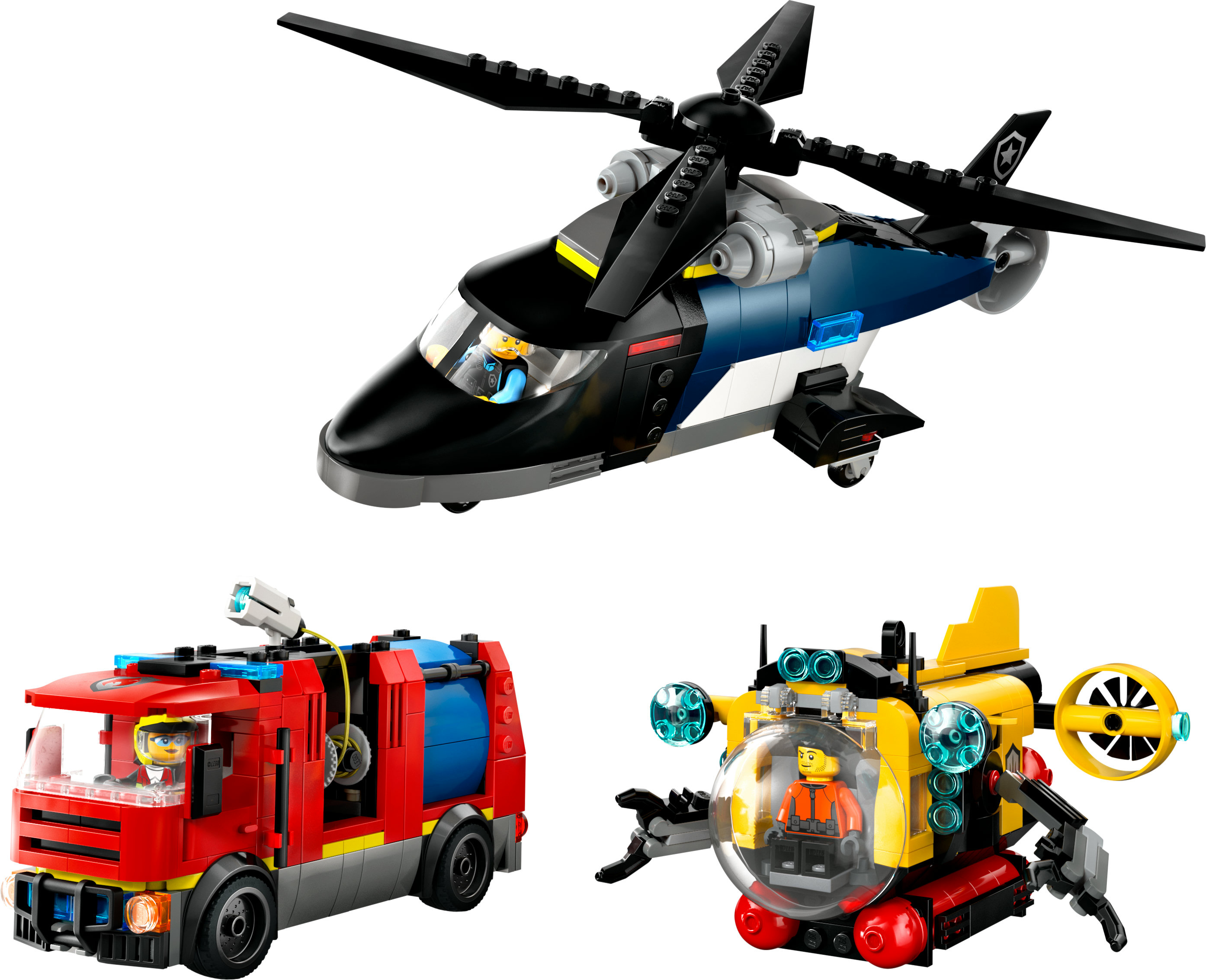 Zestaw Lego z helikopterem policyjnym, wozem strażackim i żółtą łodzią podwodną. Każdy ma minifigurkę.