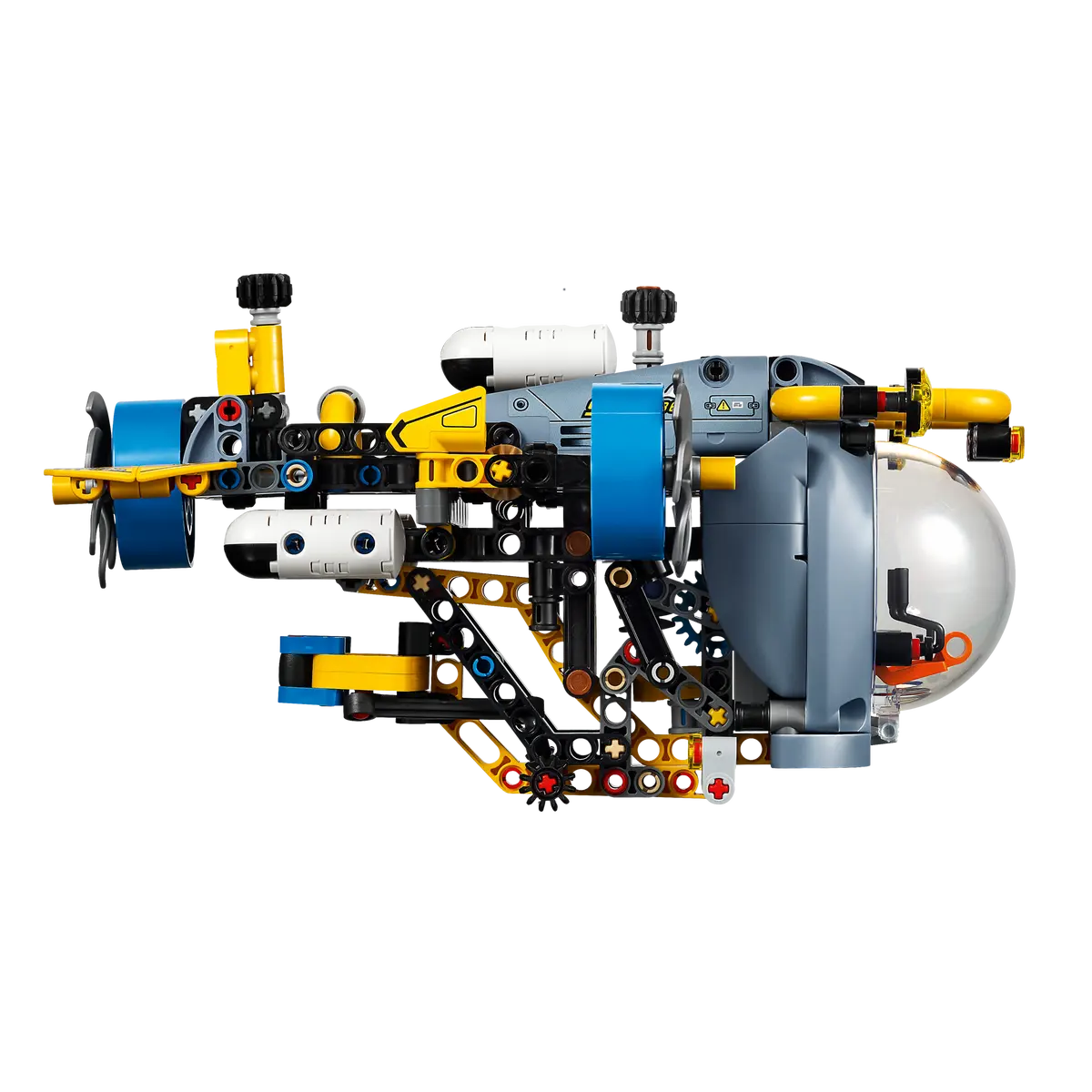 Model łodzi podwodnej Lego z żółtymi, niebieskimi i szarymi elementami. Ma przezroczystą kopułę i śmigło.