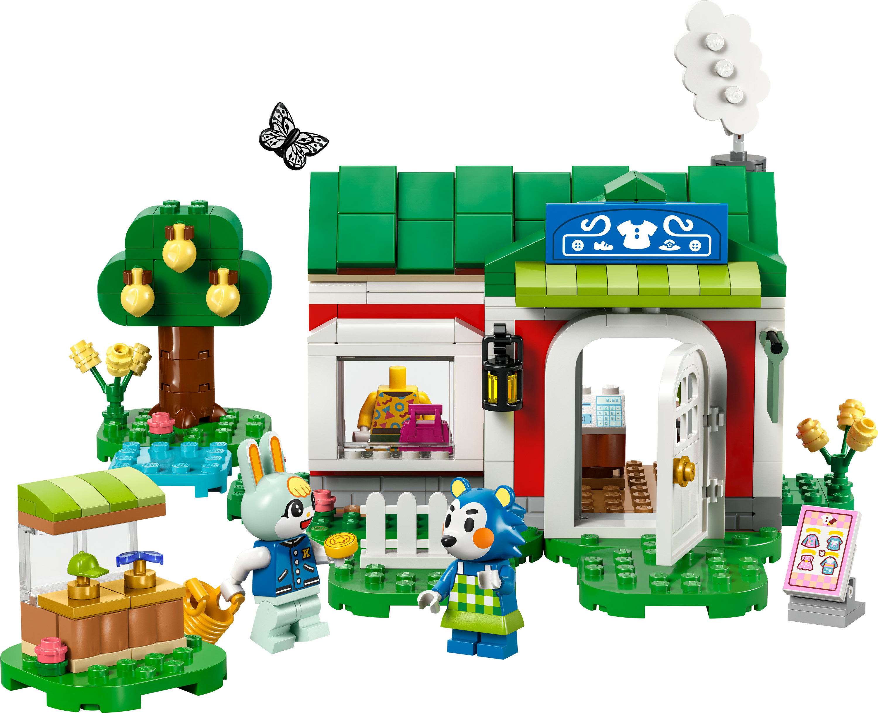 Zestaw Lego ze sklepem, figurkami królika i niedźwiedzia, drzewem z owocami, motylem. Zielony i biały budynek z otwartymi drzwiami.