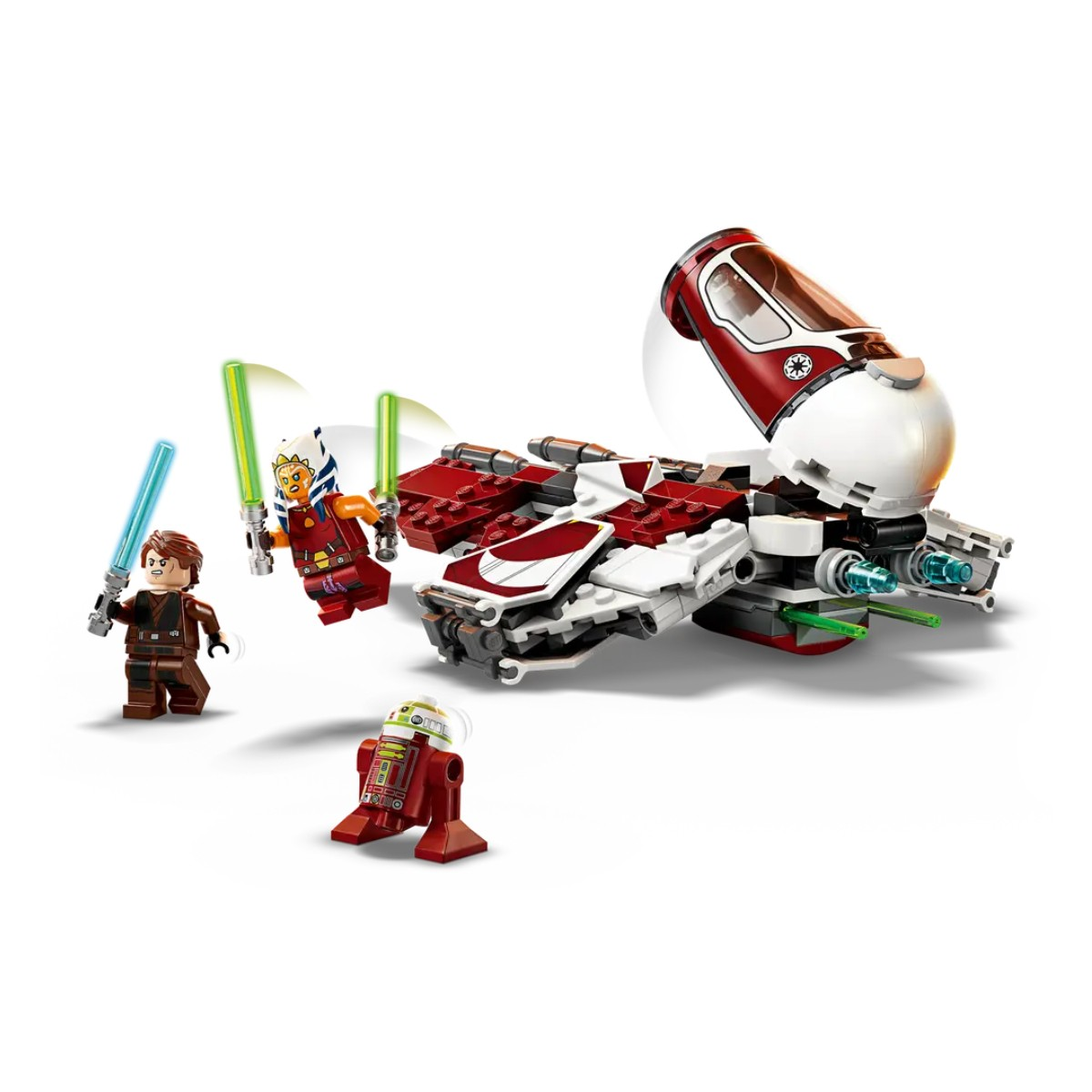 Lego Star Wars Set mit rotem und weißem Schiff, drei Minifiguren mit Lichtschwertern und einem Droiden auf weißem Hintergrund.