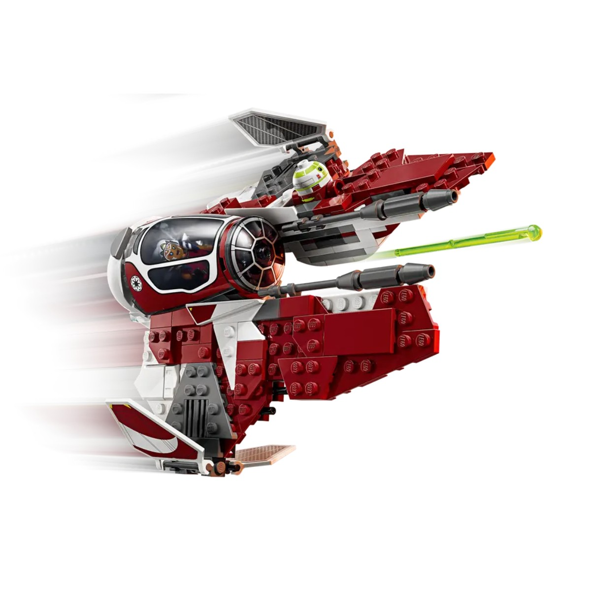 Ein roter und weißer Lego-Starfighter rast nach links, mit einem grünen Laserstrahl. Ein Pilot sitzt im Cockpit.