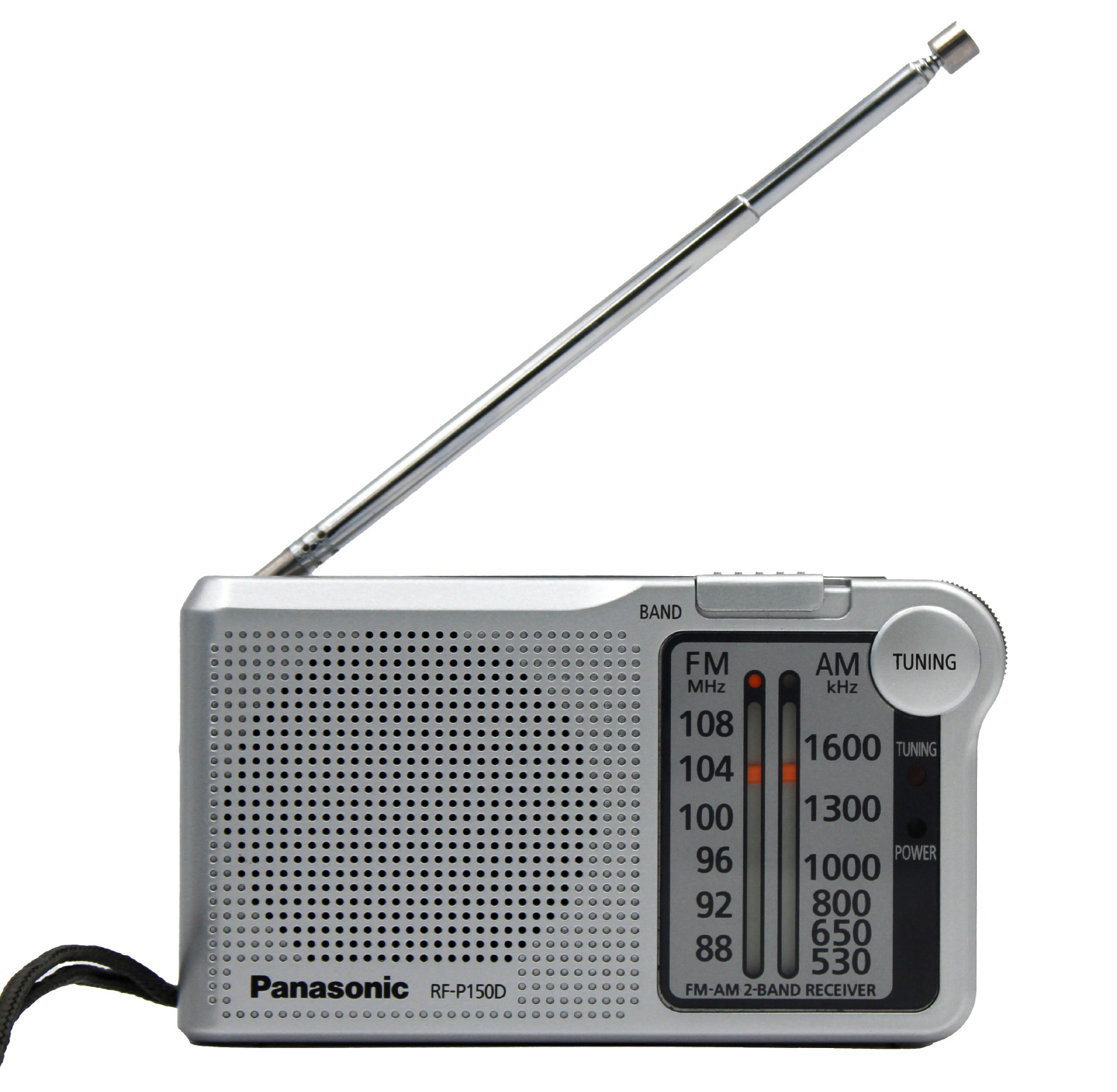 Srebrne radio Panasonic RF-P150D z wysuniętą anteną. Posiada tuner FM/AM i wskaźnik zasilania. Tło jest białe.