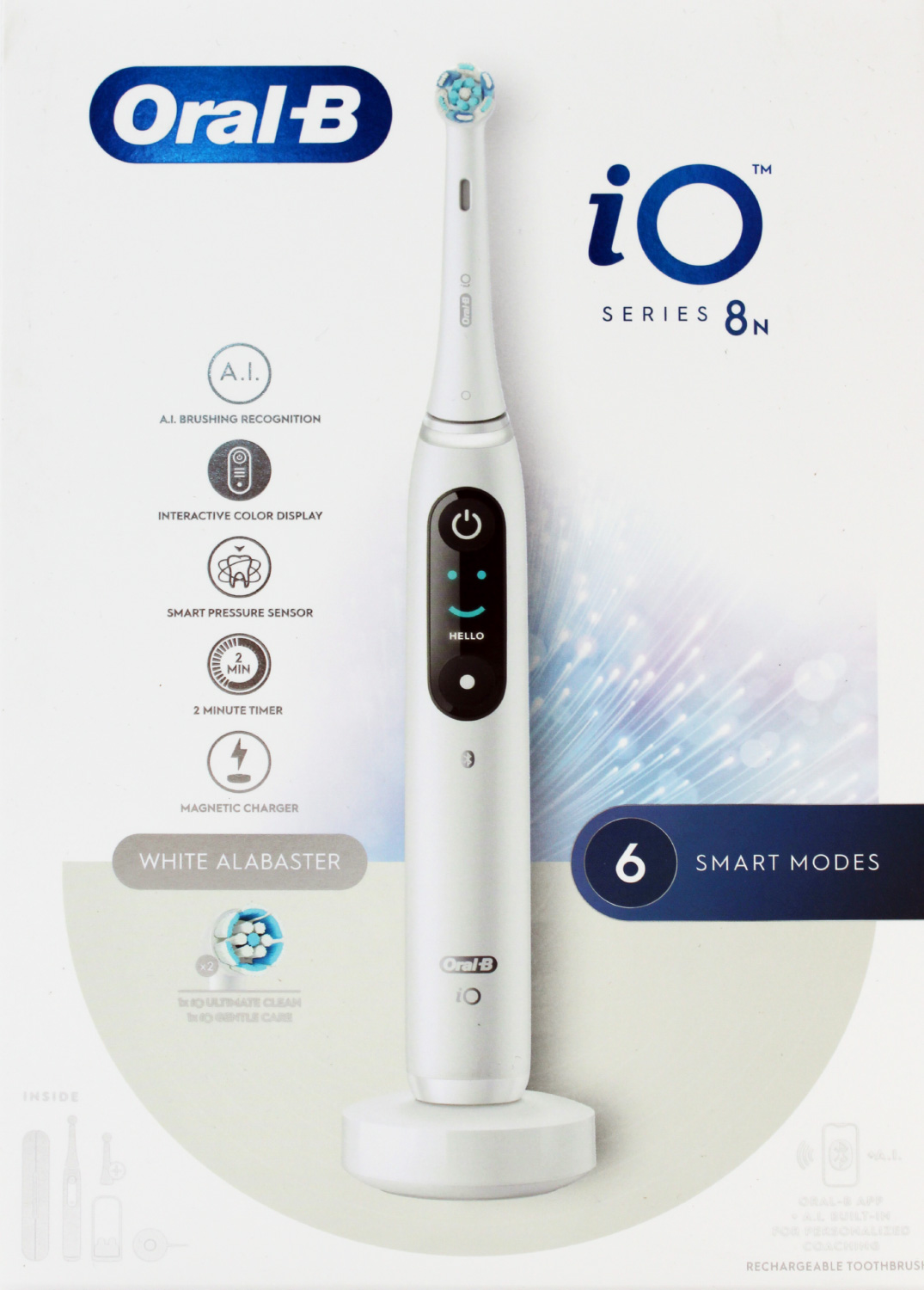 Spazzolino elettrico bianco Oral-B iO Series 8N. Caratteristiche: IA, display a colori interattivo, sensore di pressione e 6 modalità.