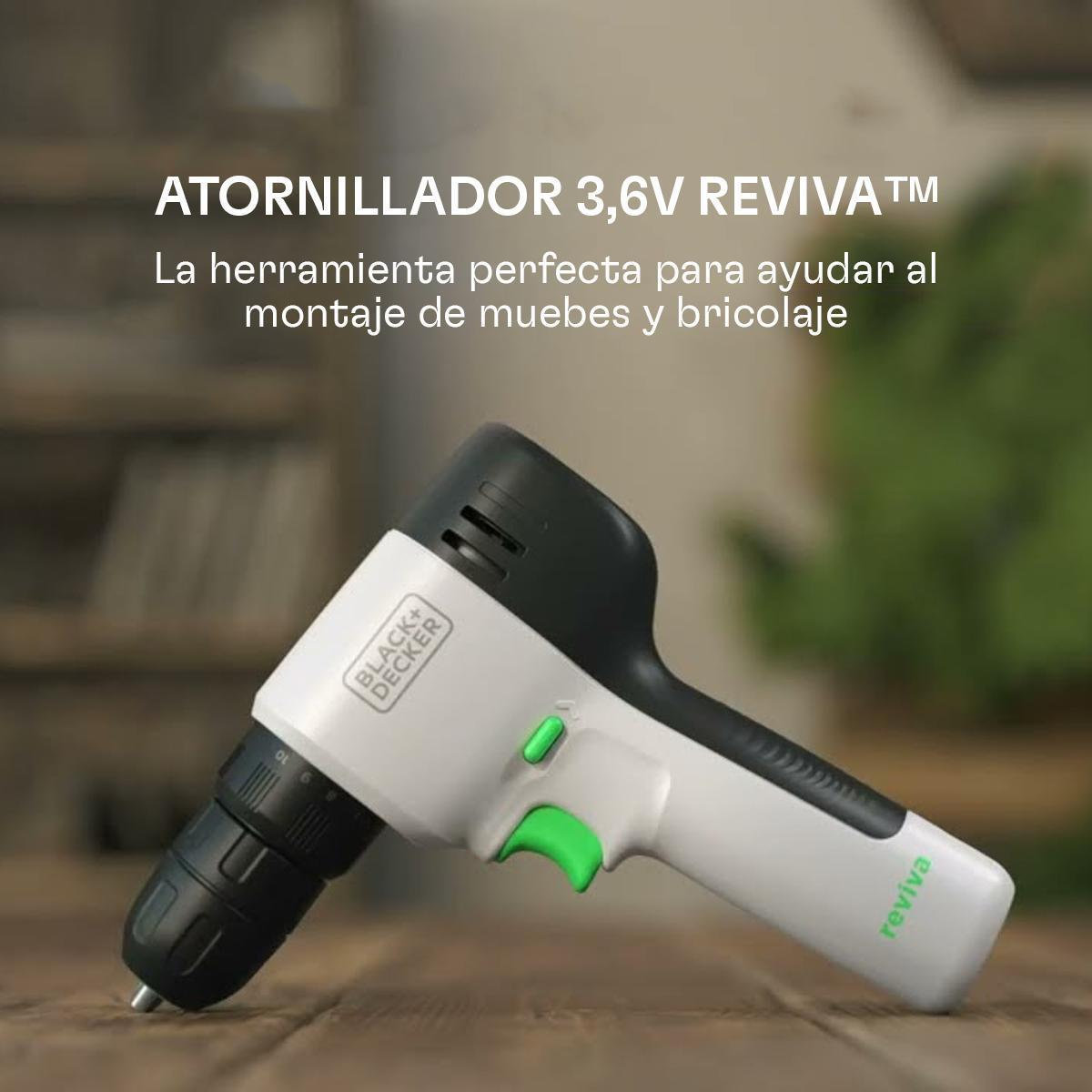 Un cacciavite cordless Black+Decker Reviva 3.6V. Ha un corpo grigio, una parte superiore nera e un pulsante verde.