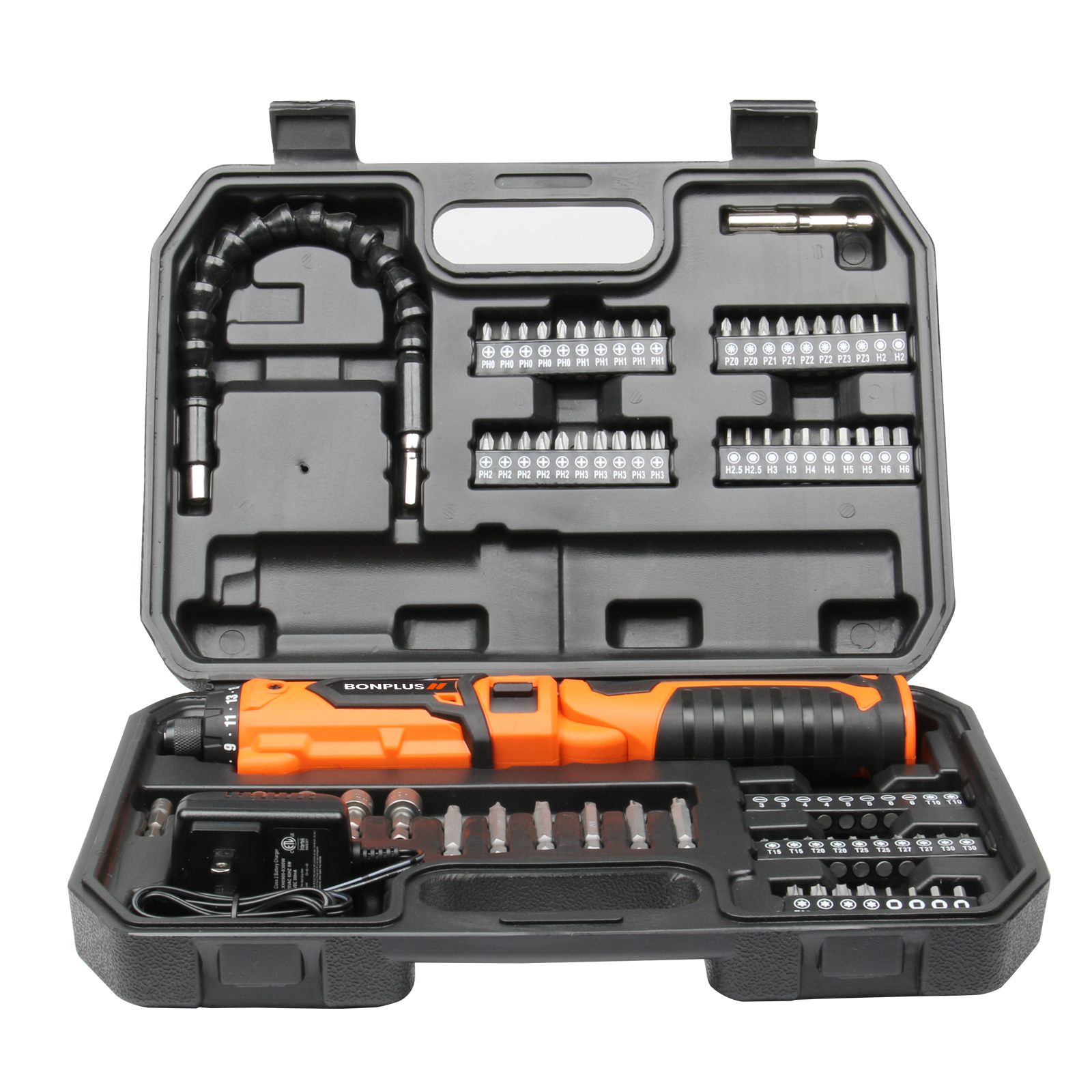 Caja de herramientas abierta con destornillador naranja y negro, puntas y cargador. El kit es negro.