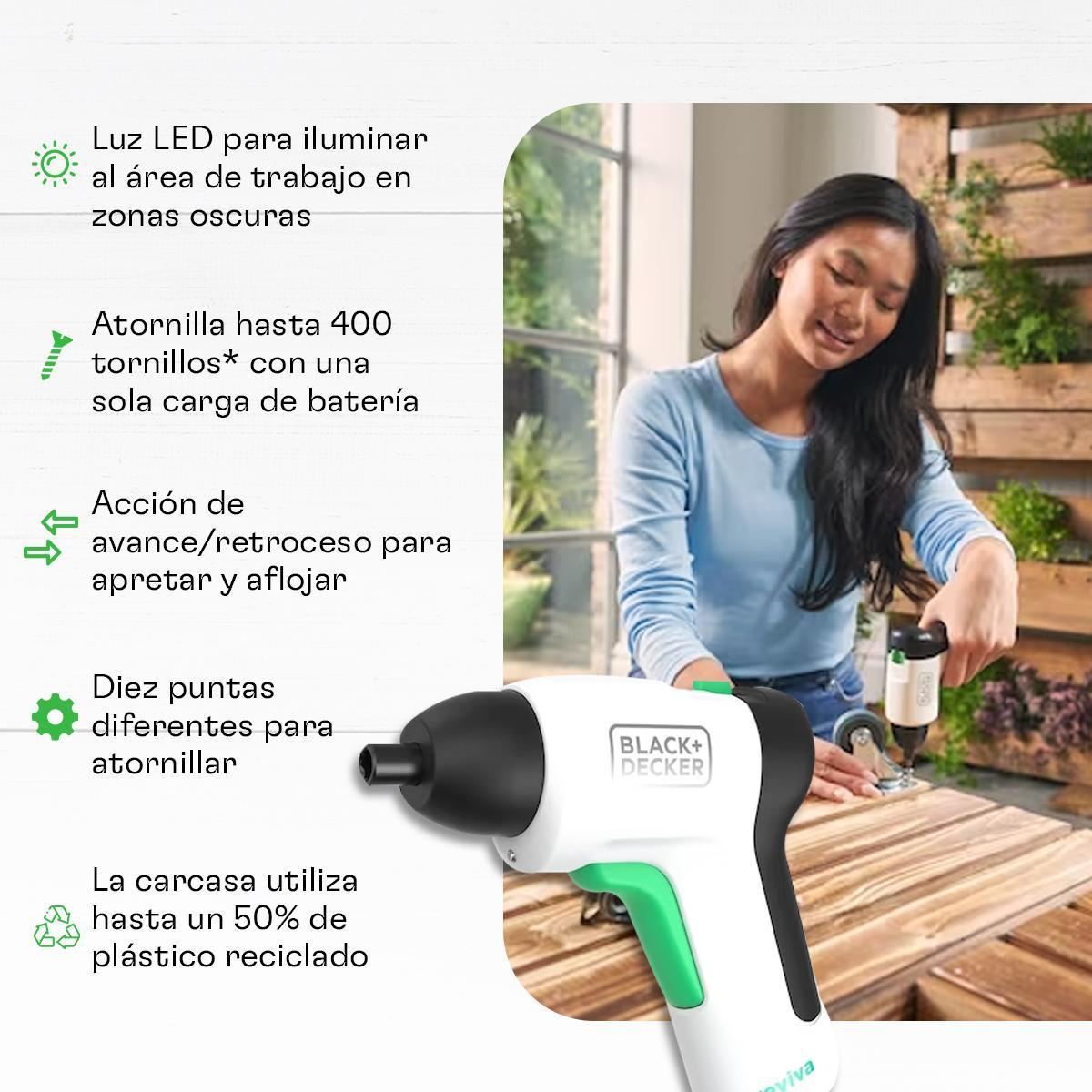 Donna che usa un utensile elettrico Black+Decker su una superficie di legno. L'utensile è bianco e verde. Il testo in spagnolo descrive le caratteristiche.