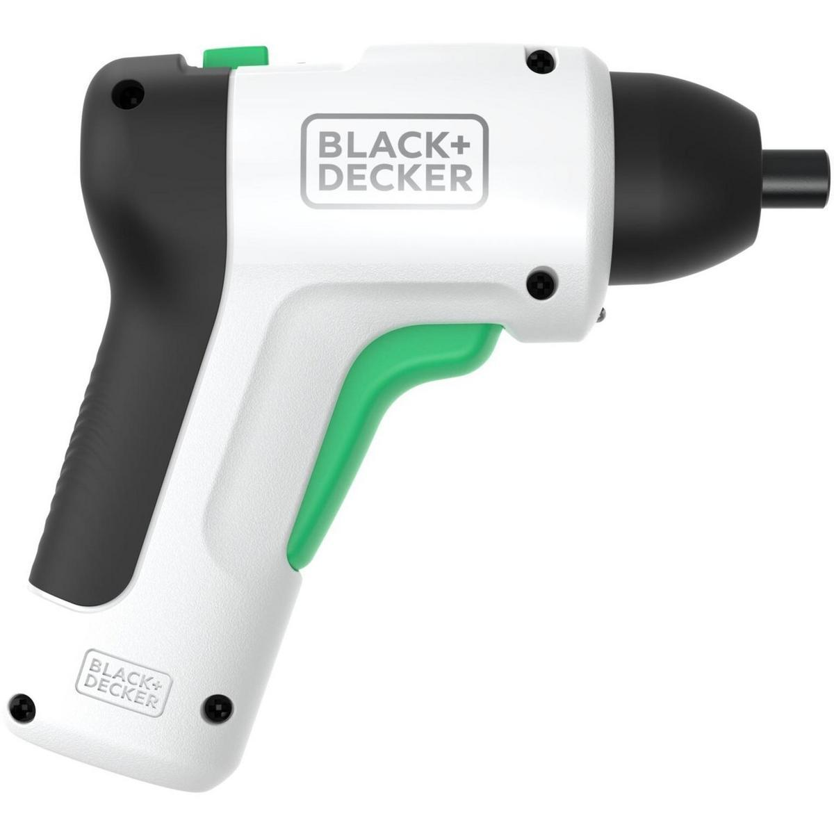 Un cacciavite a batteria BLACK+DECKER bianco e nero, con grilletto e dettagli verdi, su sfondo bianco.