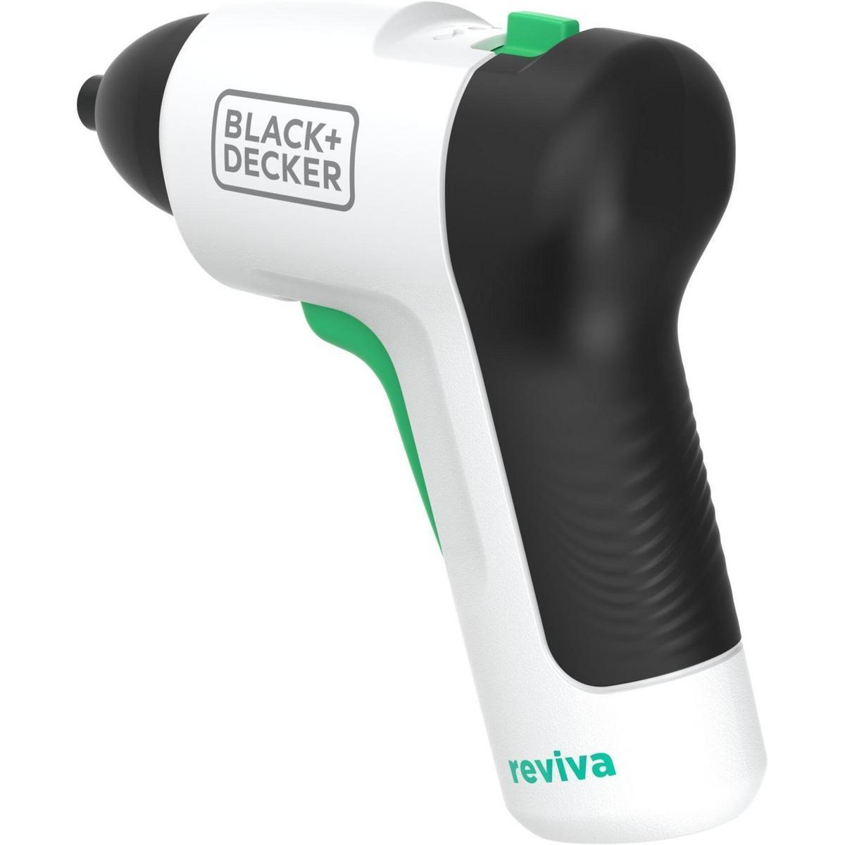Un elettroutensile Black+Decker Reviva bianco e nero con pulsante e dettagli verdi. L'utensile è mostrato su sfondo bianco.