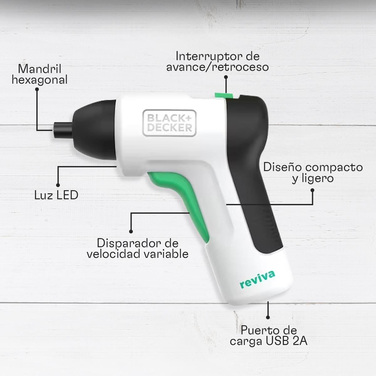 Un elettroutensile Black+Decker bianco e nero con accenti verdi è etichettato. L'utensile ha un mandrino esagonale, LED e porta di ricarica USB.