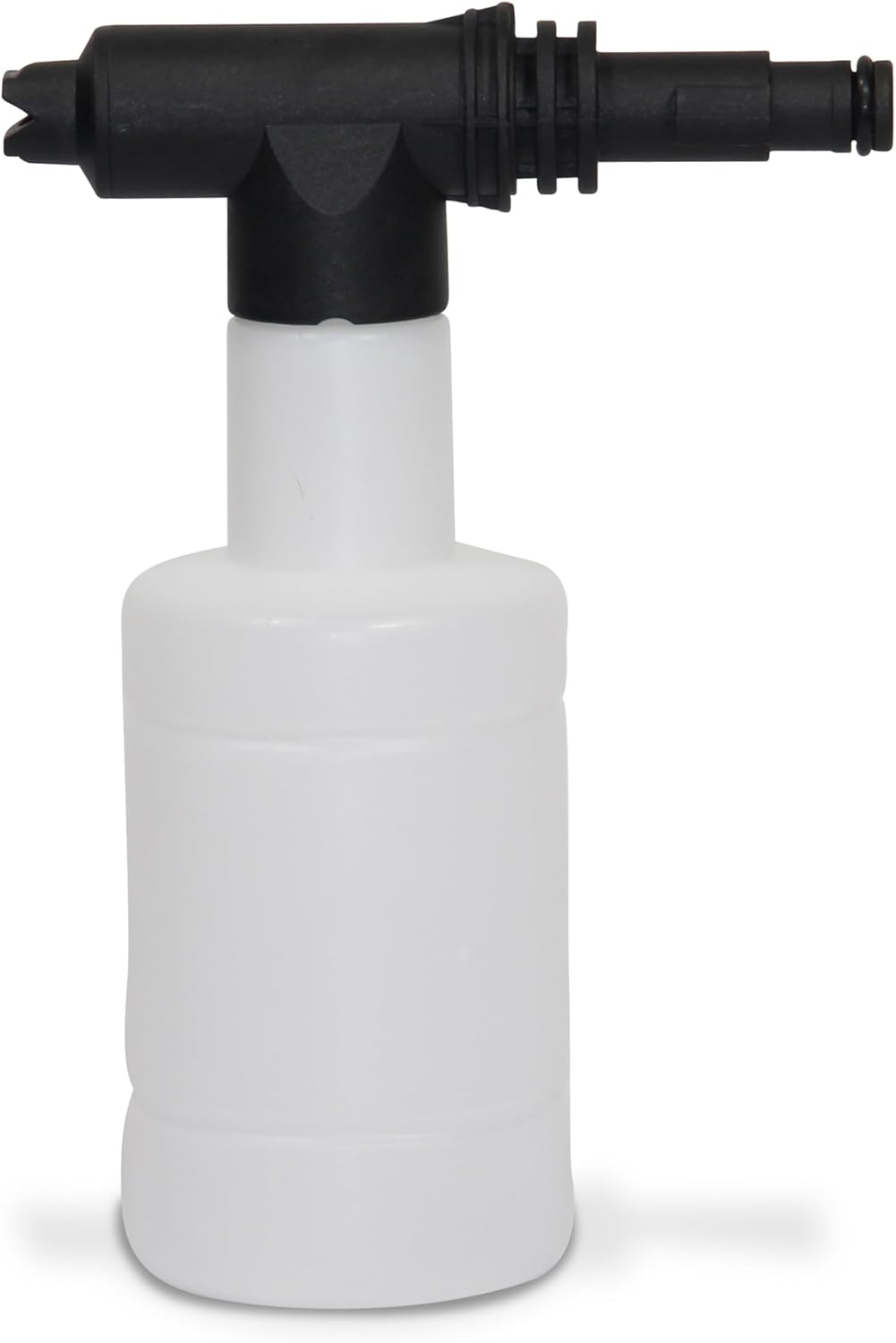 Una botella de spray de plástico blanco con una boquilla negra. La botella es cilíndrica con base redonda.