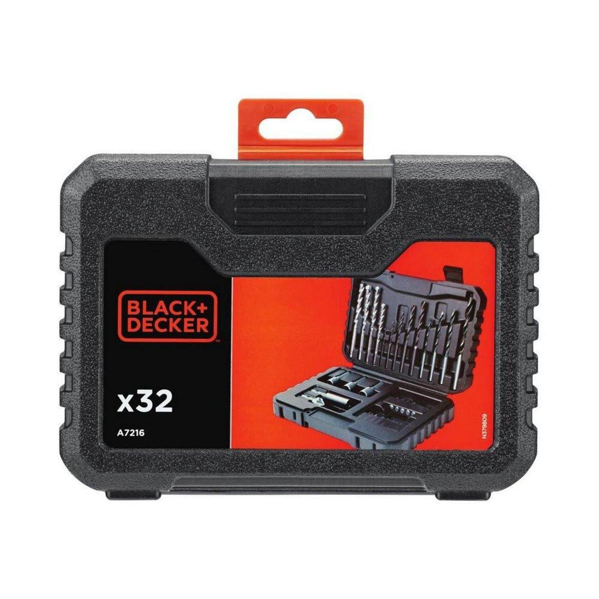 Juego de brocas Black and Decker en un estuche negro con asa naranja. El estuche tiene el nombre de la marca y 'x32'.